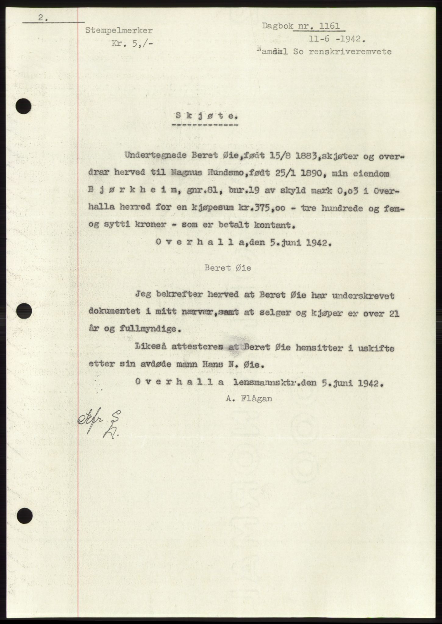 Namdal sorenskriveri, SAT/A-4133/1/2/2C: Pantebok nr. -, 1941-1942, Dagboknr: 1161/1942