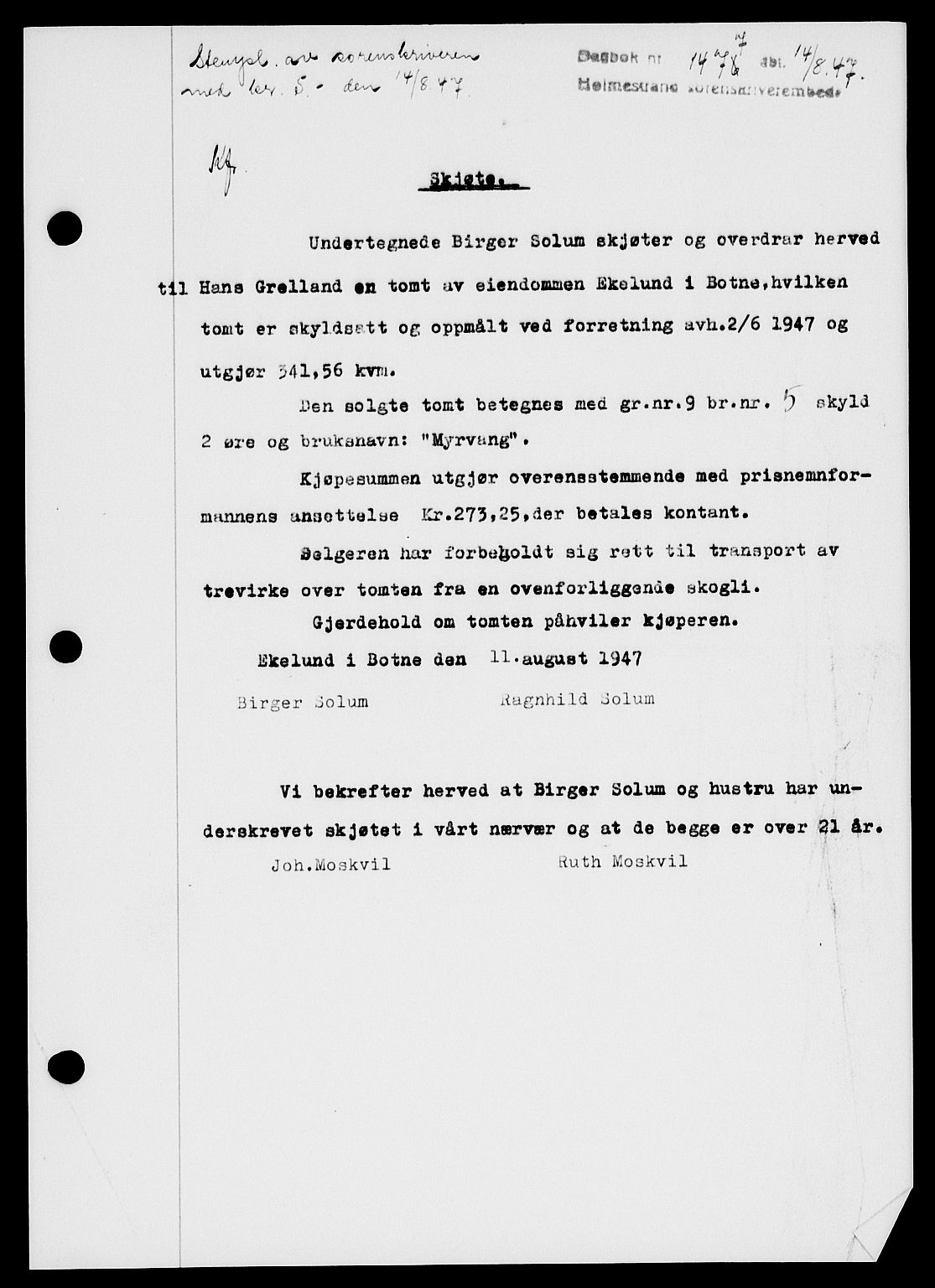 Holmestrand sorenskriveri, SAKO/A-67/G/Ga/Gaa/L0062: Pantebok nr. A-62, 1947-1947, Dagboknr: 1477/1947