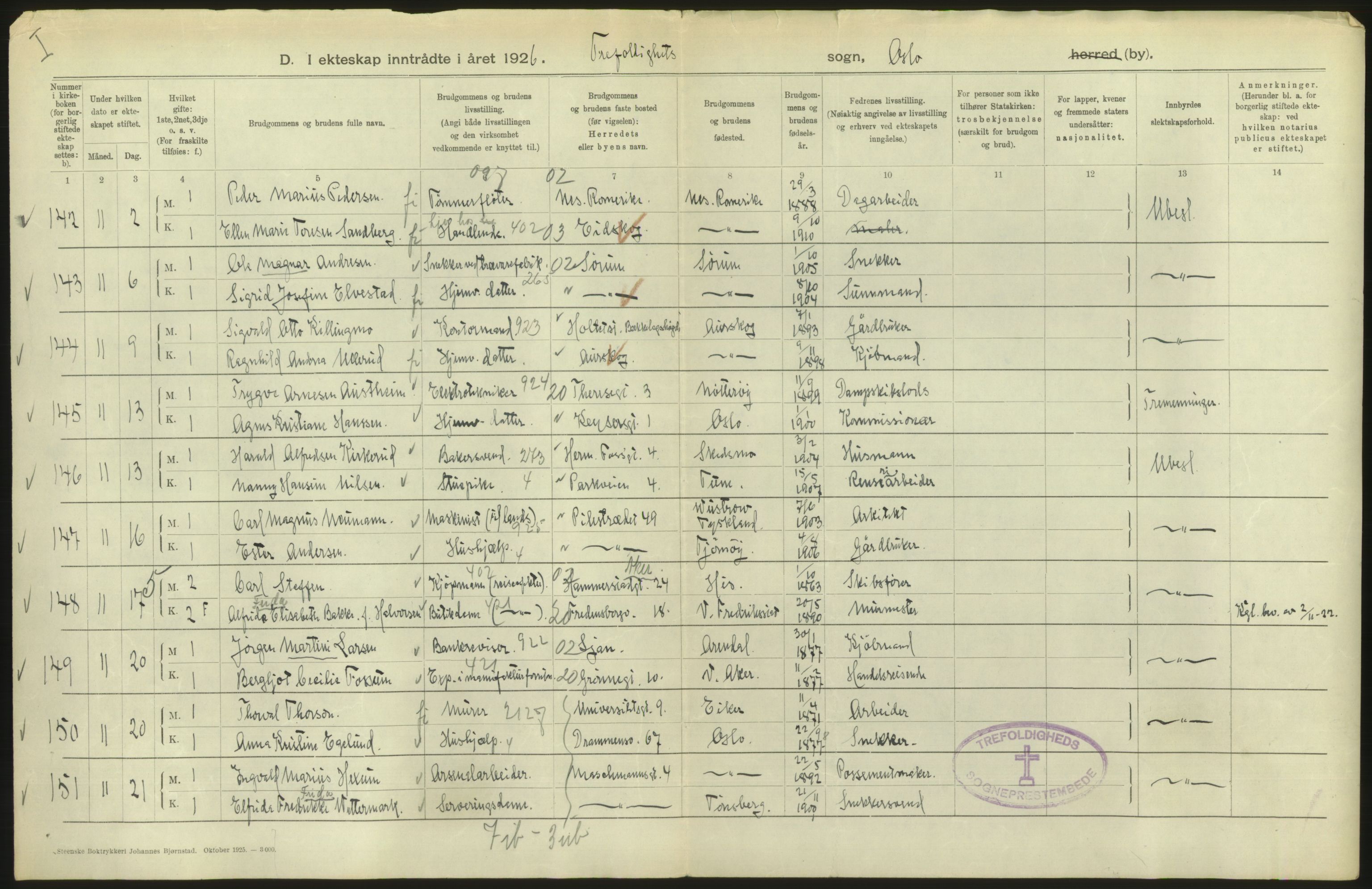 Statistisk sentralbyrå, Sosiodemografiske emner, Befolkning, AV/RA-S-2228/D/Df/Dfc/Dfcf/L0008: Oslo: Gifte, 1926, s. 44