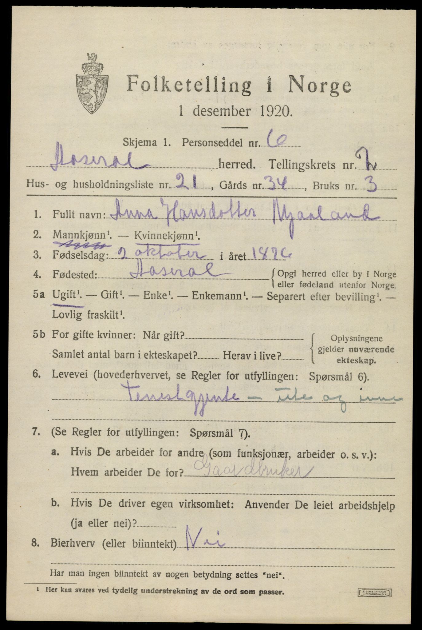 SAK, Folketelling 1920 for 1026 Åseral herred, 1920, s. 984