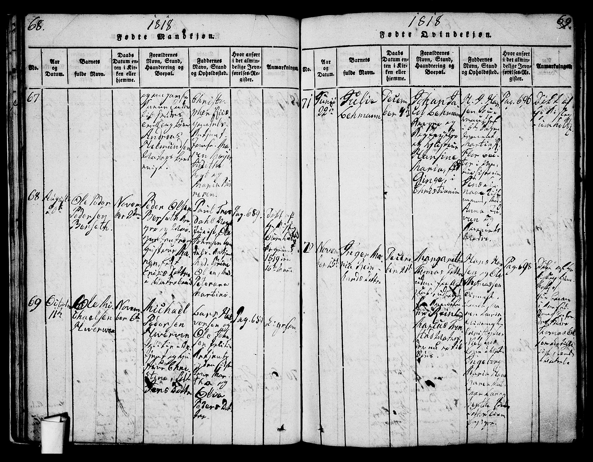 Oslo domkirke Kirkebøker, AV/SAO-A-10752/G/Ga/L0001: Klokkerbok nr. 1, 1817-1825, s. 68-69