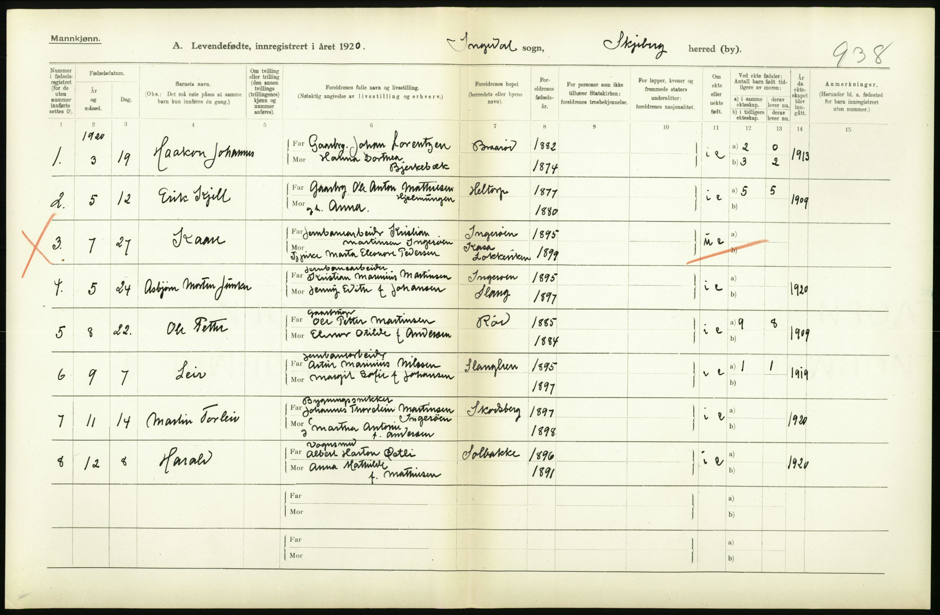 Statistisk sentralbyrå, Sosiodemografiske emner, Befolkning, AV/RA-S-2228/D/Df/Dfb/Dfbj/L0001: Østfold fylke: Levendefødte menn og kvinner. Bygder., 1920, s. 226