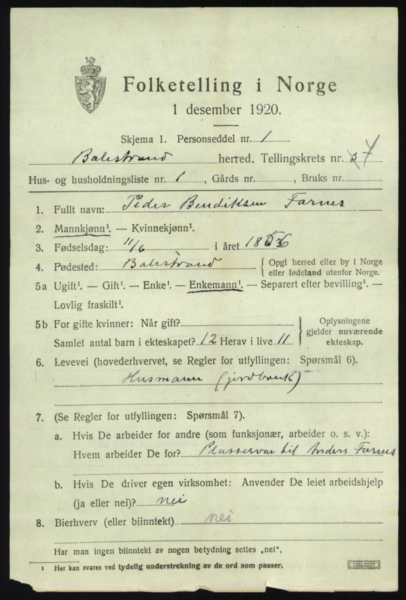 SAB, Folketelling 1920 for 1418 Balestrand herred, 1920, s. 2106