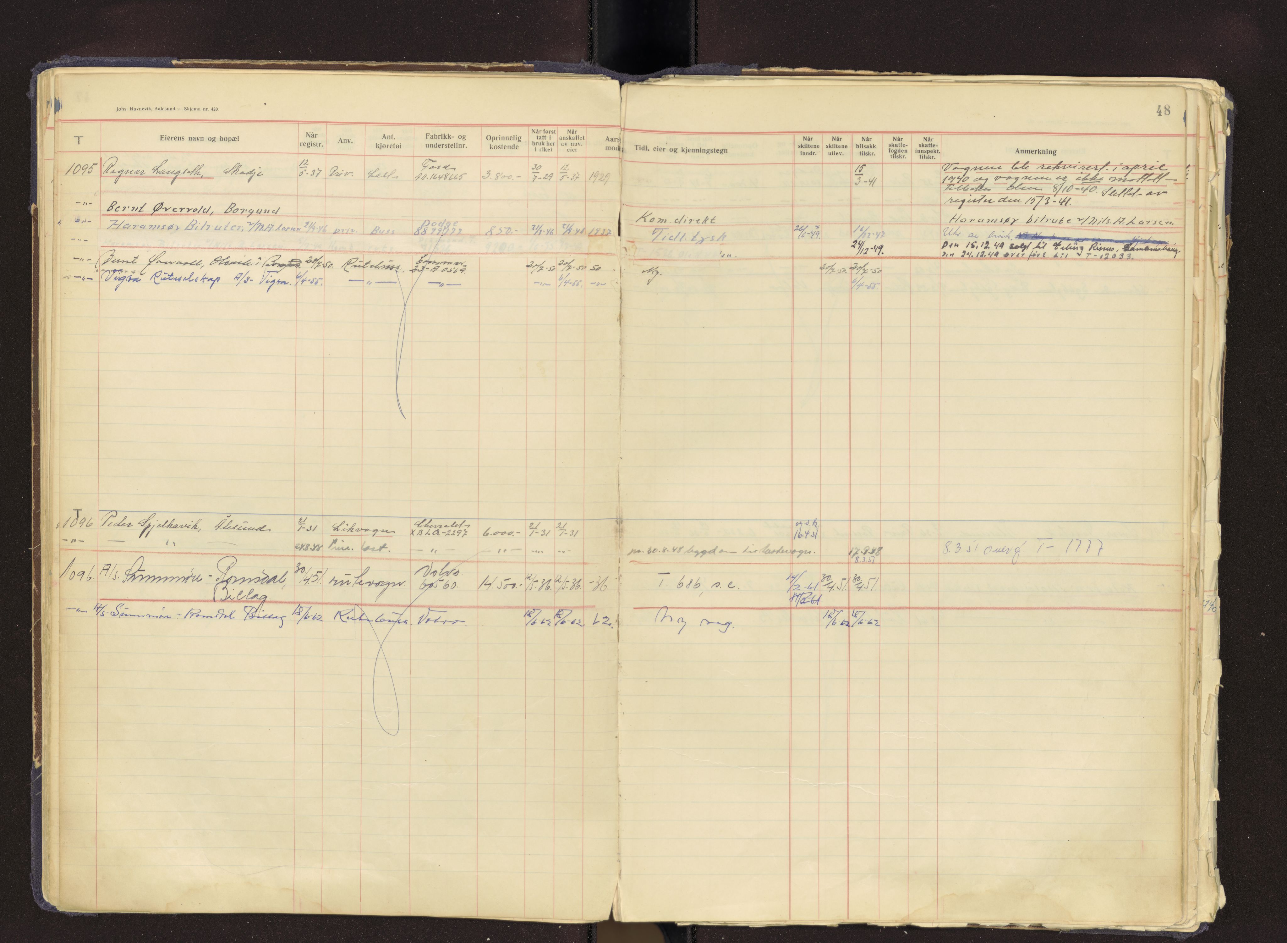 Møre og Romsdal vegkontor - Ålesund trafikkstasjon, AV/SAT-A-4099/F/Fb/L0003: Bilregister; T 1001 - T 1500, 1920-1970, s. 48