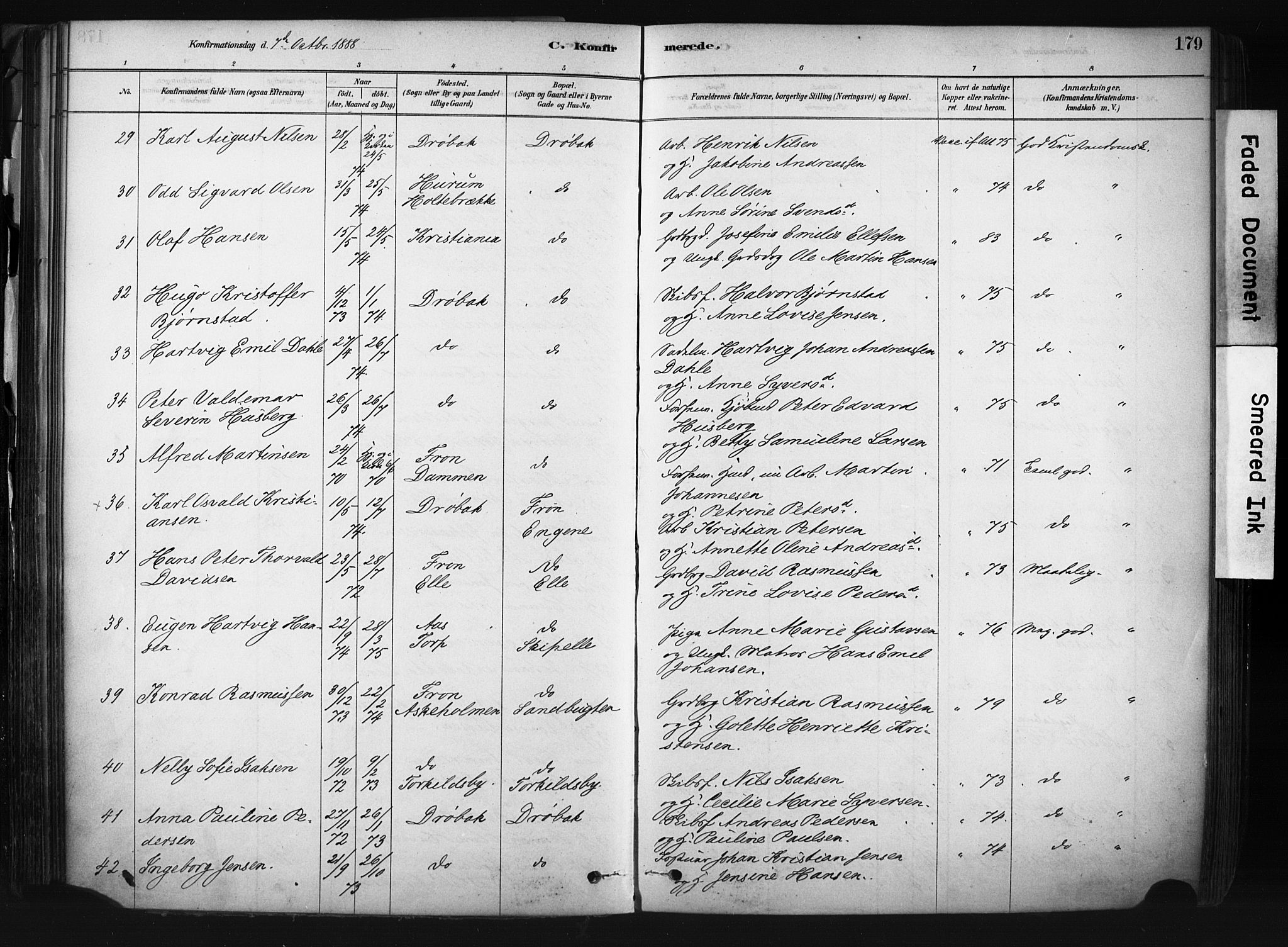 Drøbak prestekontor Kirkebøker, AV/SAO-A-10142a/F/Fb/L0001: Ministerialbok nr. II 1, 1878-1891, s. 179