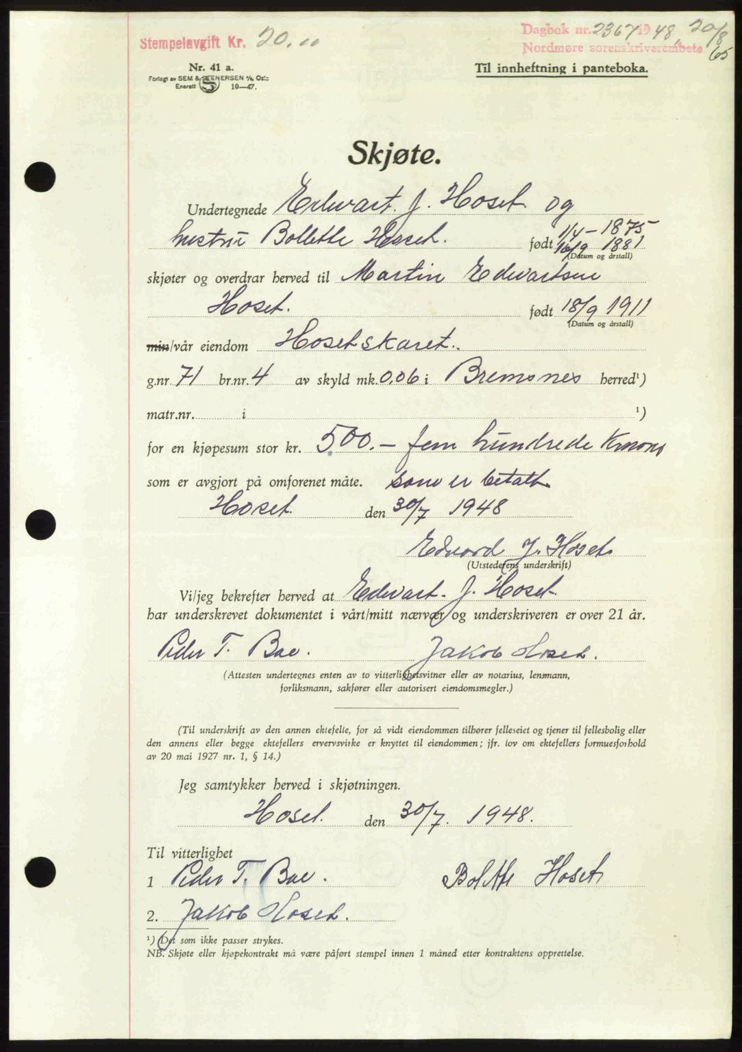 Nordmøre sorenskriveri, AV/SAT-A-4132/1/2/2Ca: Pantebok nr. A109, 1948-1948, Dagboknr: 2367/1948