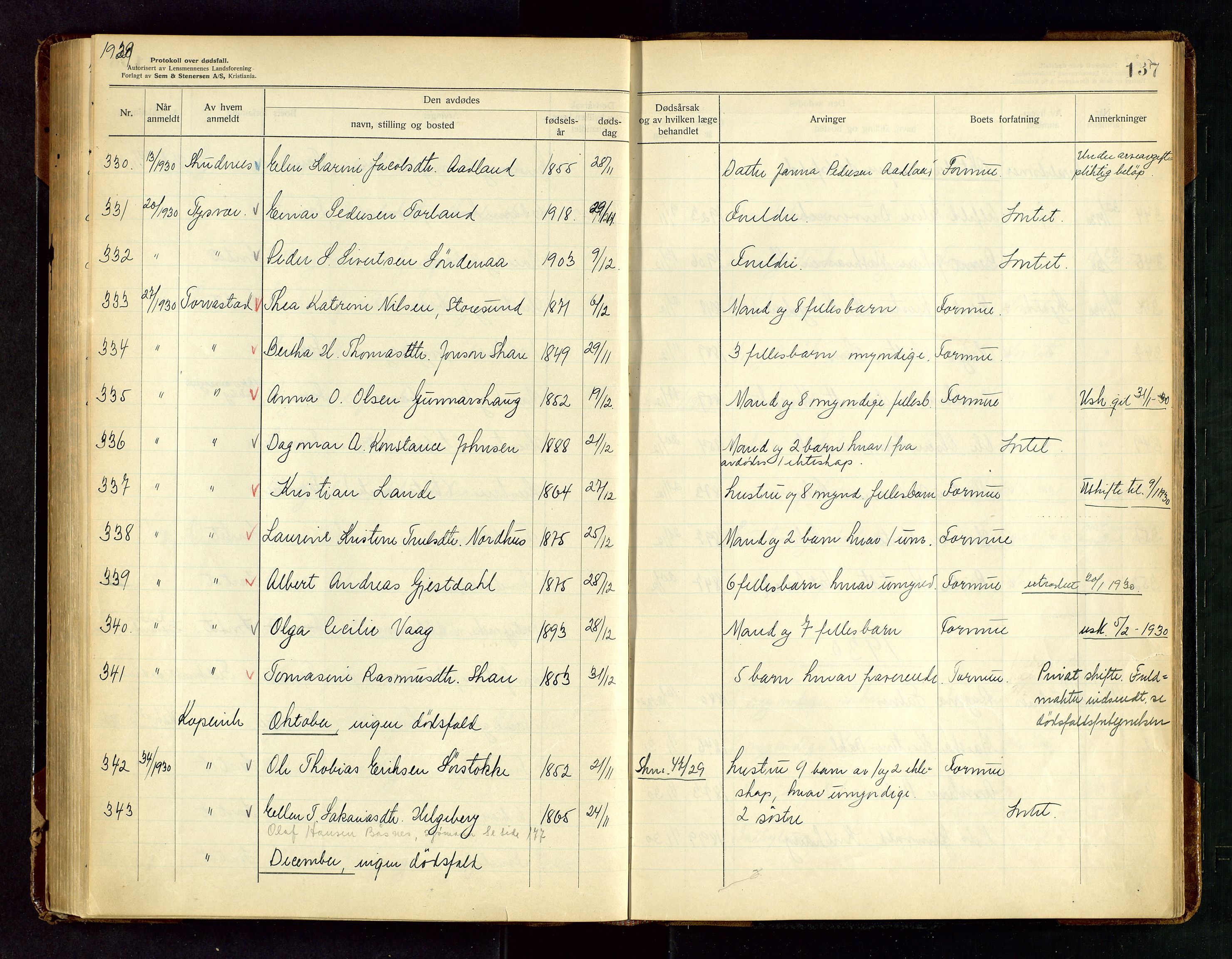 Karmsund sorenskriveri, AV/SAST-A-100311/01/IV/IVAB/L0005: DØDSFALLSPROTOKOLL, 1923-1933, s. 137