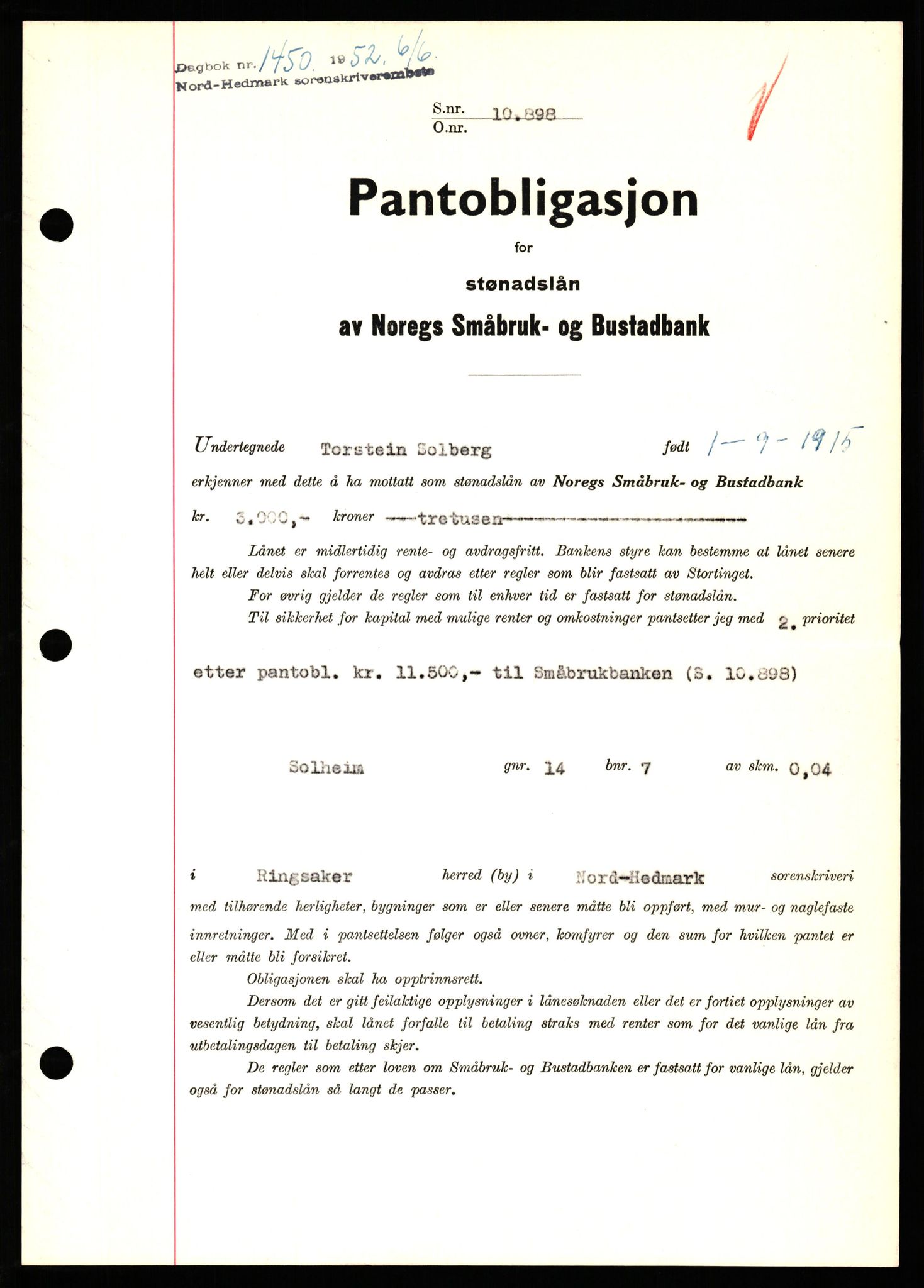 Nord-Hedmark sorenskriveri, SAH/TING-012/H/Hb/Hbf/L0025: Pantebok nr. B25, 1952-1952, Dagboknr: 1450/1952