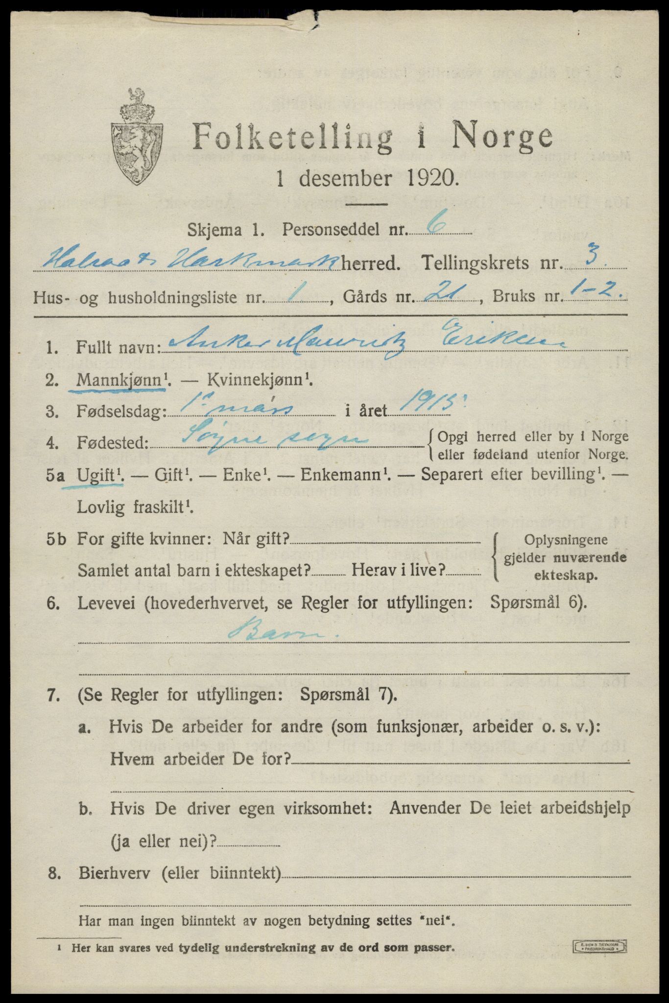 SAK, Folketelling 1920 for 1019 Halse og Harkmark herred, 1920, s. 2419