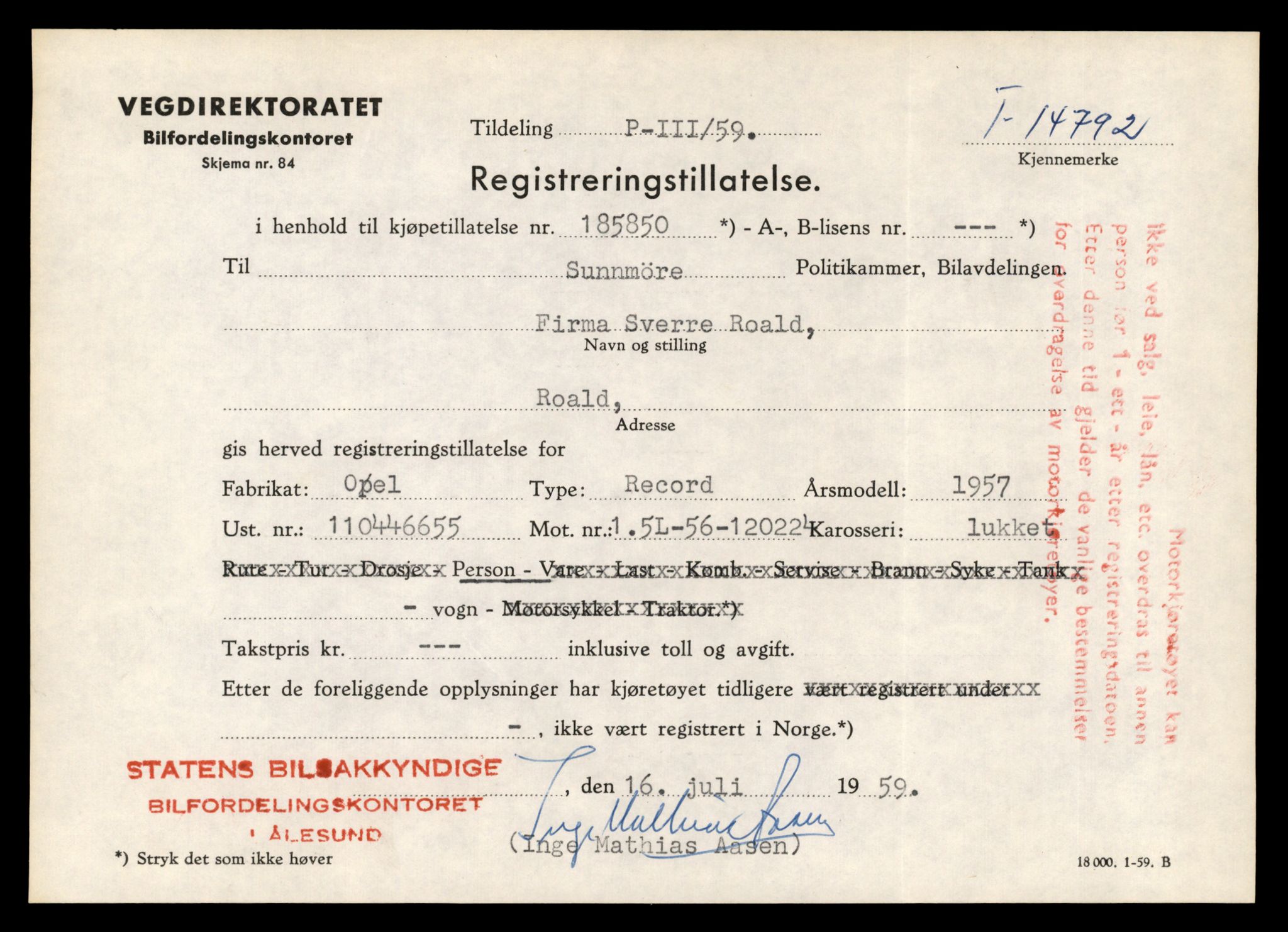 Møre og Romsdal vegkontor - Ålesund trafikkstasjon, AV/SAT-A-4099/F/Fe/L0048: Registreringskort for kjøretøy T 14721 - T 14863, 1927-1998, s. 1493