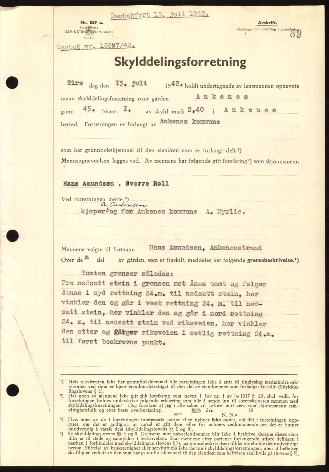 Steigen og Ofoten sorenskriveri, AV/SAT-A-0030/1/2/2C: Pantebok nr. A9-12, 1942-1946, Dagboknr: 1587/1942