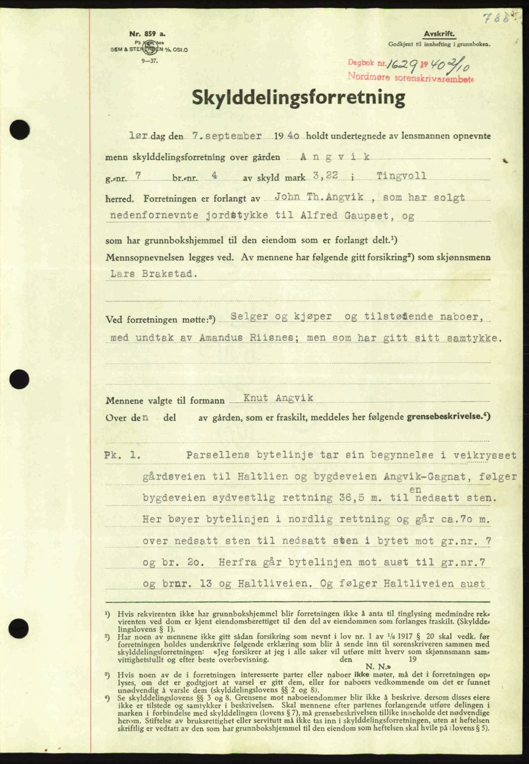 Nordmøre sorenskriveri, SAT/A-4132/1/2/2Ca: Pantebok nr. A88, 1940-1940, Dagboknr: 1629/1940