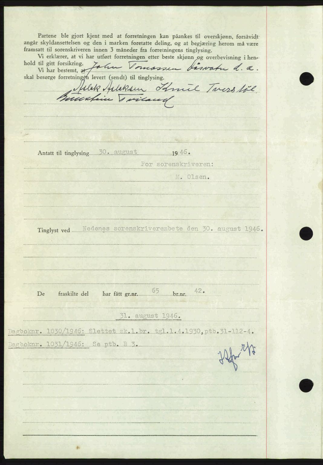 Nedenes sorenskriveri, AV/SAK-1221-0006/G/Gb/Gba/L0056: Pantebok nr. A8, 1946-1947, Dagboknr: 1029/1946