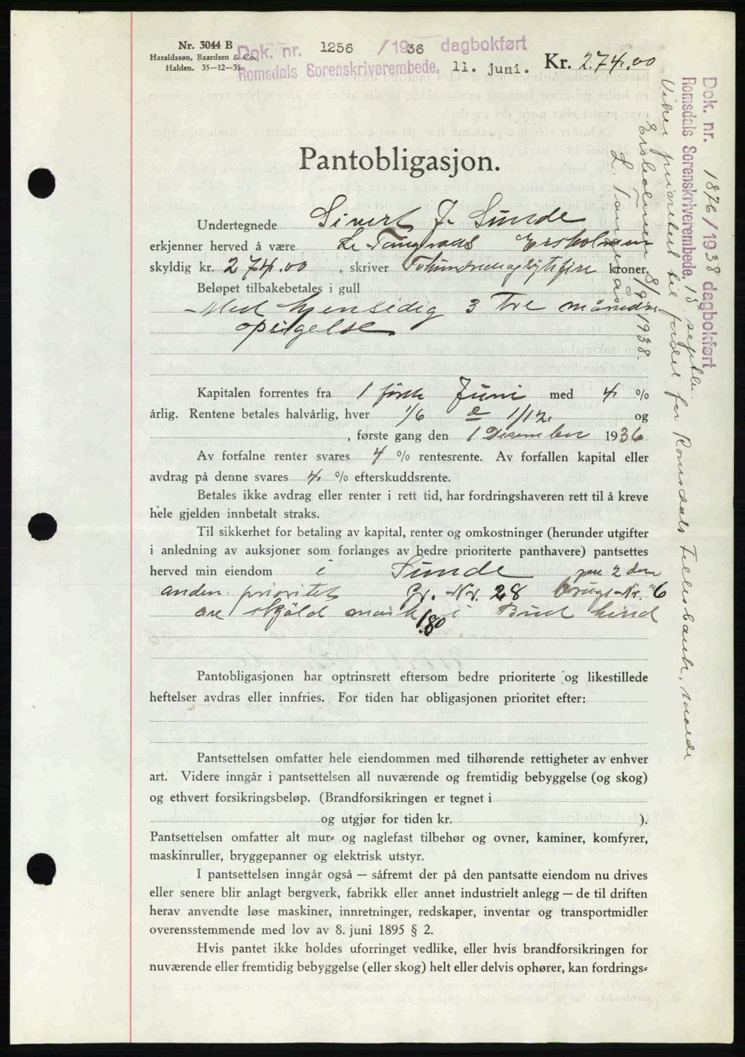 Romsdal sorenskriveri, SAT/A-4149/1/2/2C: Pantebok nr. B1, 1936-1939, Dagboknr: 1256/1936