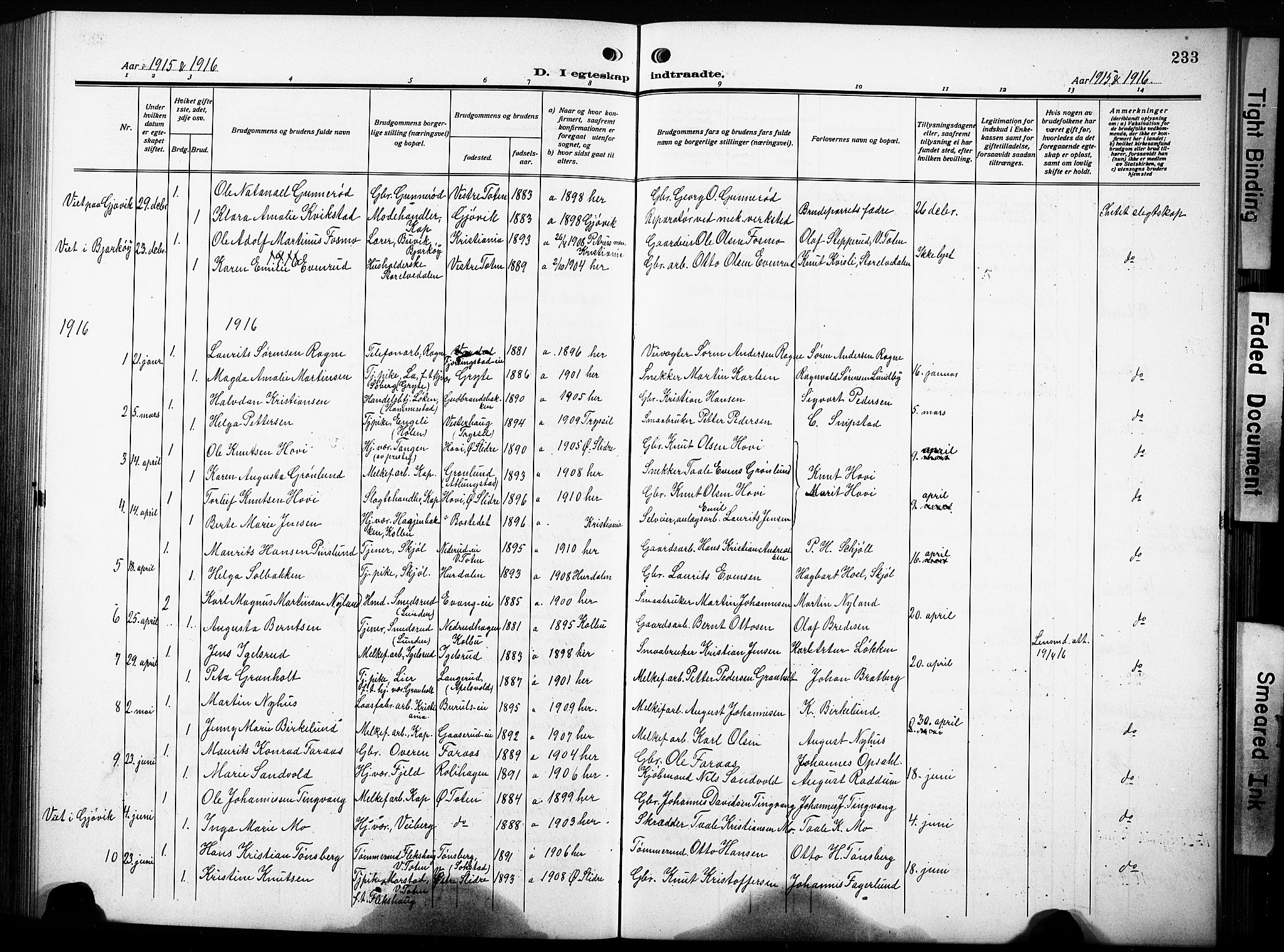 Østre Toten prestekontor, AV/SAH-PREST-104/H/Ha/Hab/L0010: Klokkerbok nr. 10, 1912-1933, s. 233