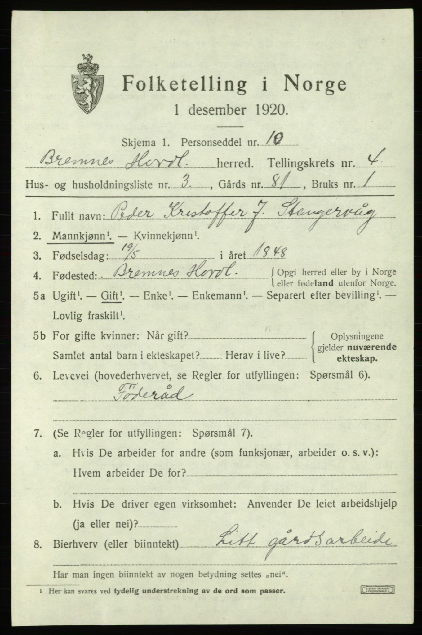 SAB, Folketelling 1920 for 1220 Bremnes herred, 1920, s. 1842