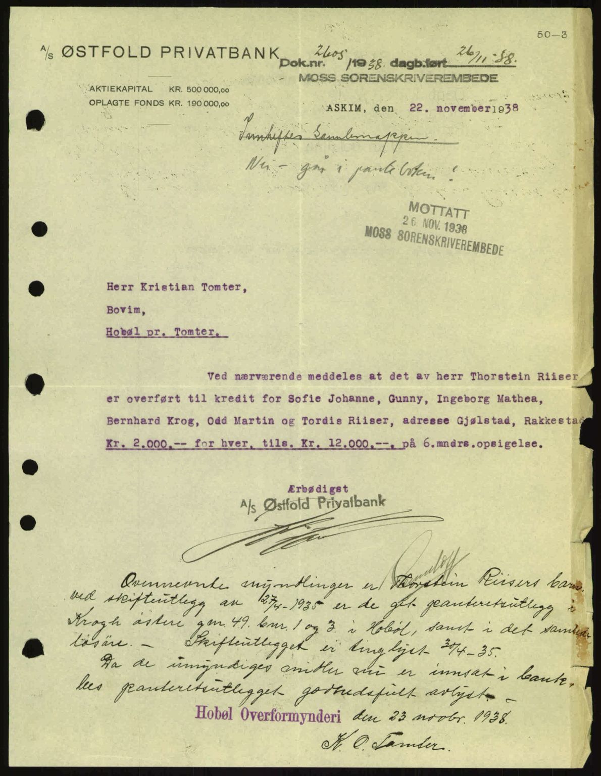 Moss sorenskriveri, SAO/A-10168: Pantebok nr. B6, 1938-1938, Dagboknr: 2605/1938