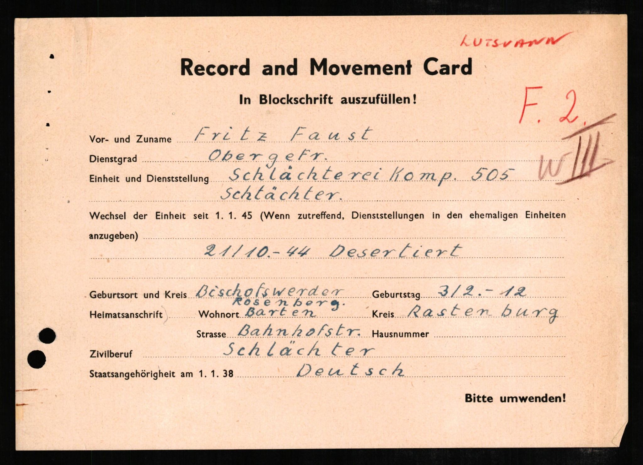 Forsvaret, Forsvarets overkommando II, RA/RAFA-3915/D/Db/L0007: CI Questionaires. Tyske okkupasjonsstyrker i Norge. Tyskere., 1945-1946, s. 488