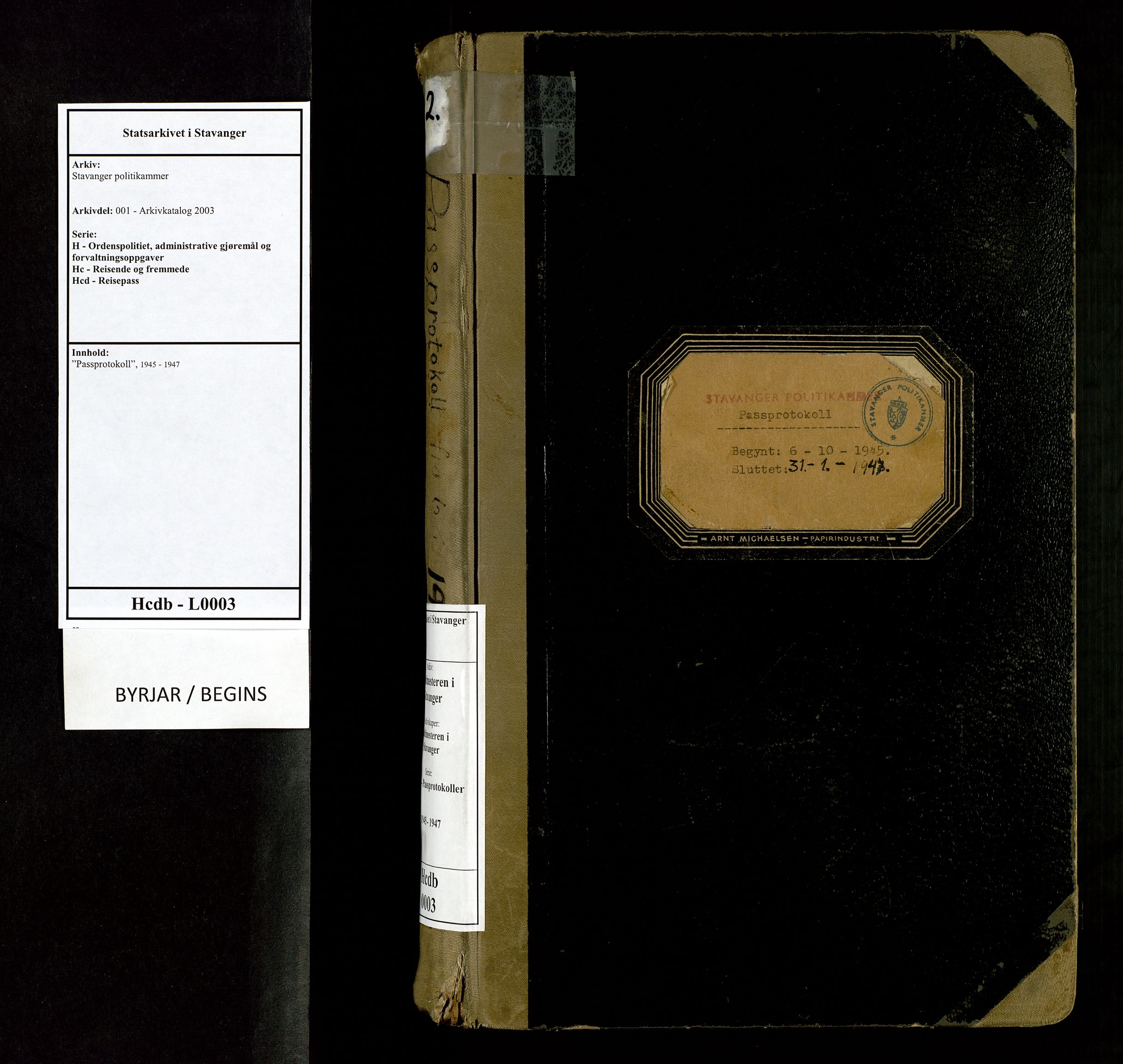 Stavanger politikammer, AV/SAST-A-100361/001/H/Hc/Hcd/Hcdb/L0003: "Passprotokoll", 1945-1947, s. 1