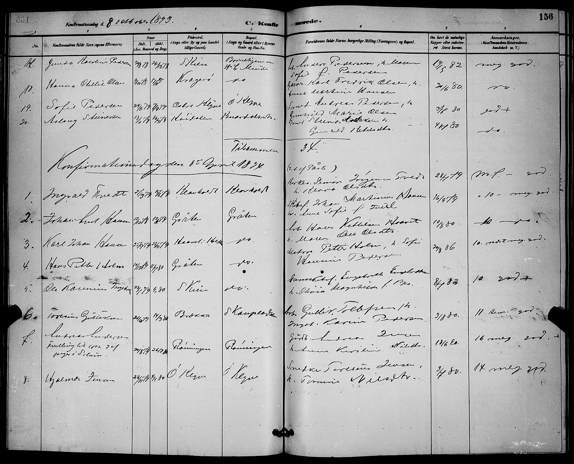 Solum kirkebøker, AV/SAKO-A-306/G/Ga/L0007: Klokkerbok nr. I 7, 1884-1898, s. 156