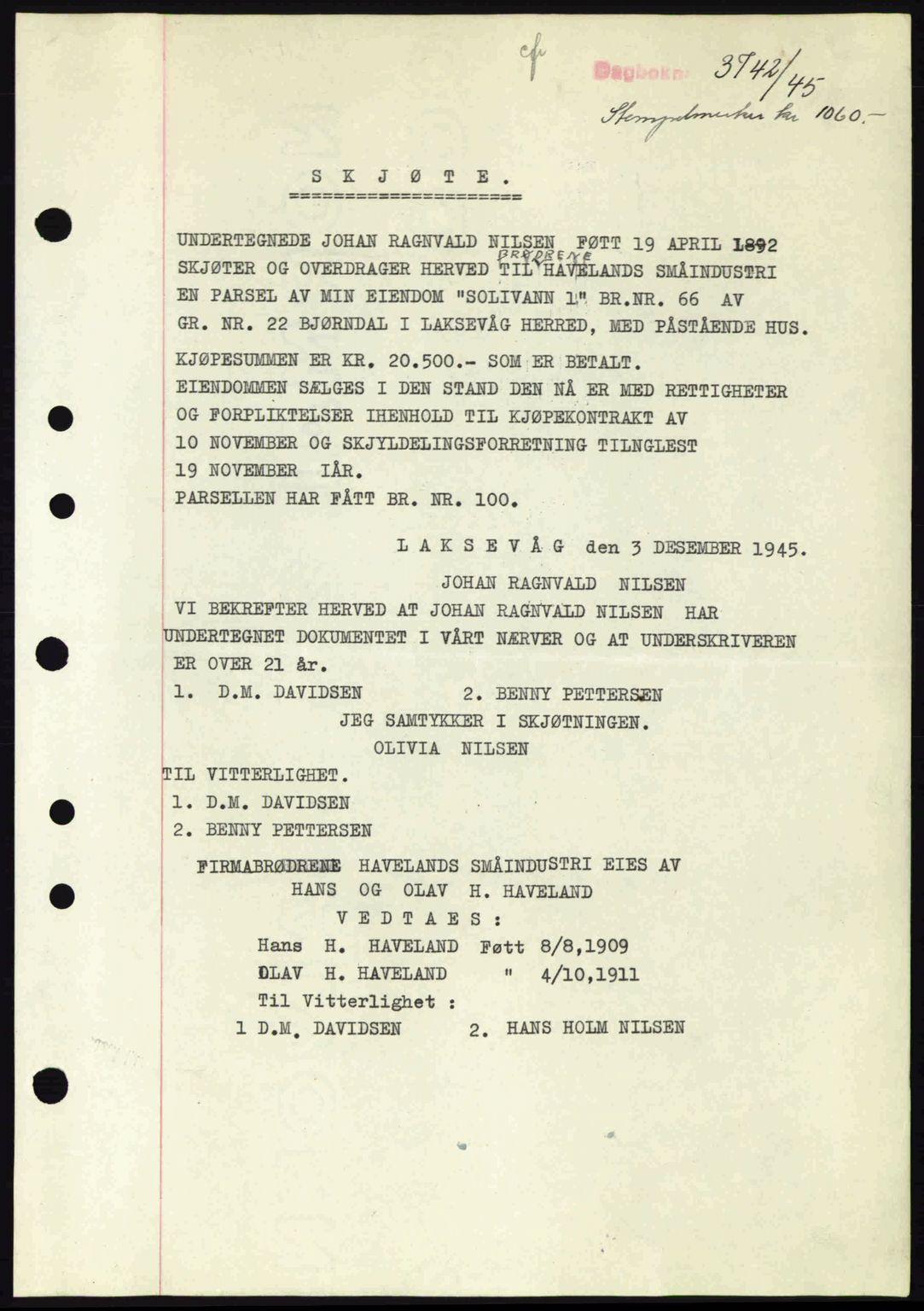 Midhordland sorenskriveri, SAB/A-3001/1/G/Gb/Gbk/L0008: Pantebok nr. A36-41, 1944-1945, Dagboknr: 3742/1945