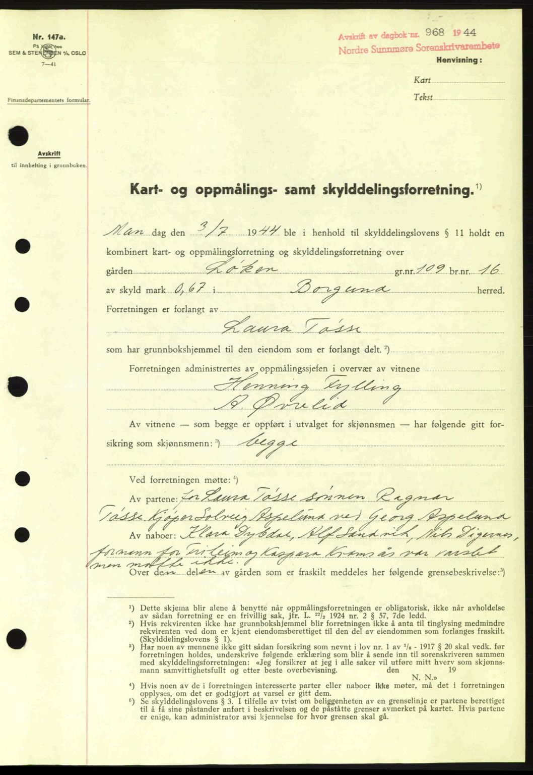 Nordre Sunnmøre sorenskriveri, SAT/A-0006/1/2/2C/2Ca: Pantebok nr. A18, 1944-1944, Dagboknr: 968/1944