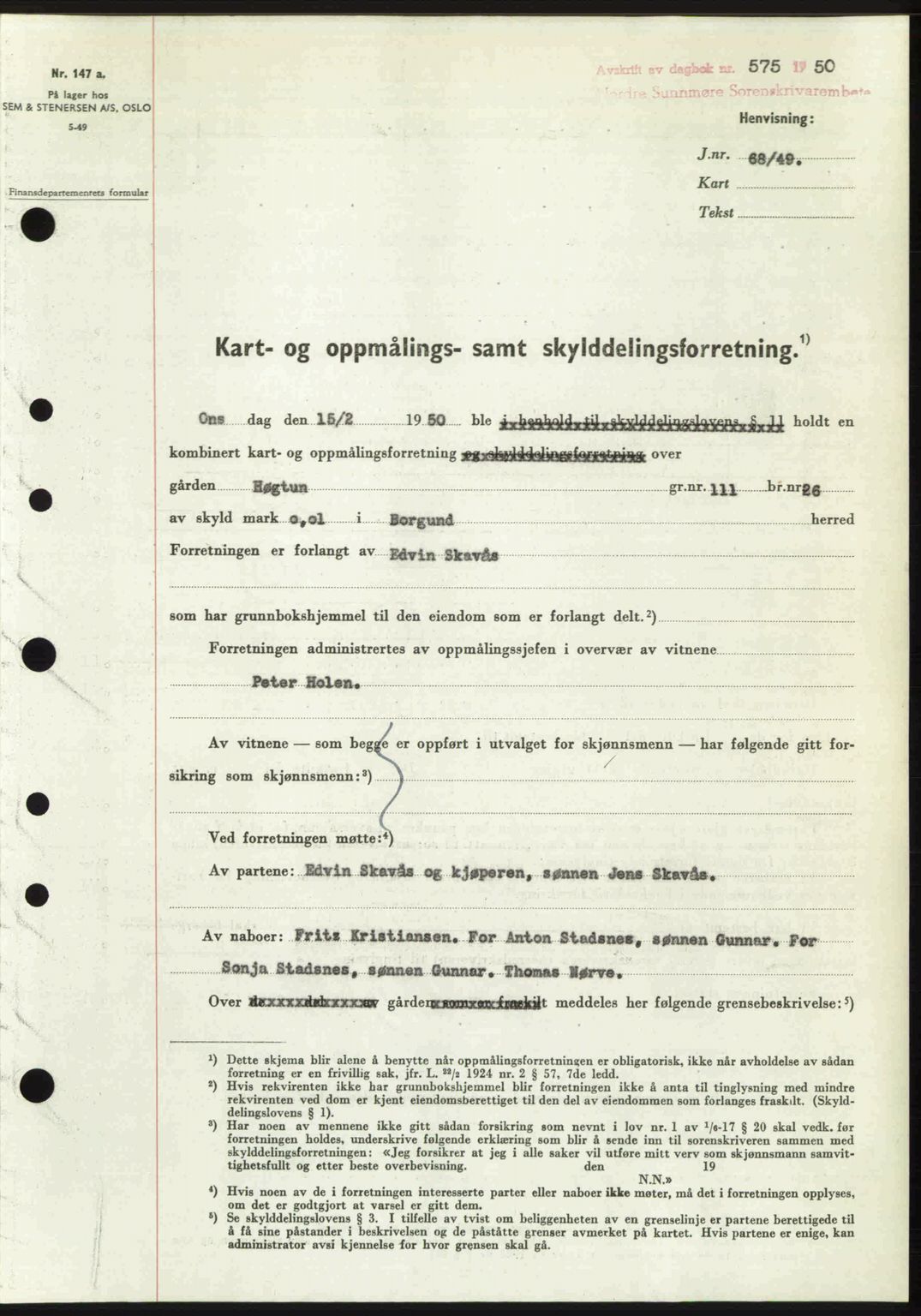 Nordre Sunnmøre sorenskriveri, AV/SAT-A-0006/1/2/2C/2Ca: Pantebok nr. A34, 1950-1950, Dagboknr: 575/1950