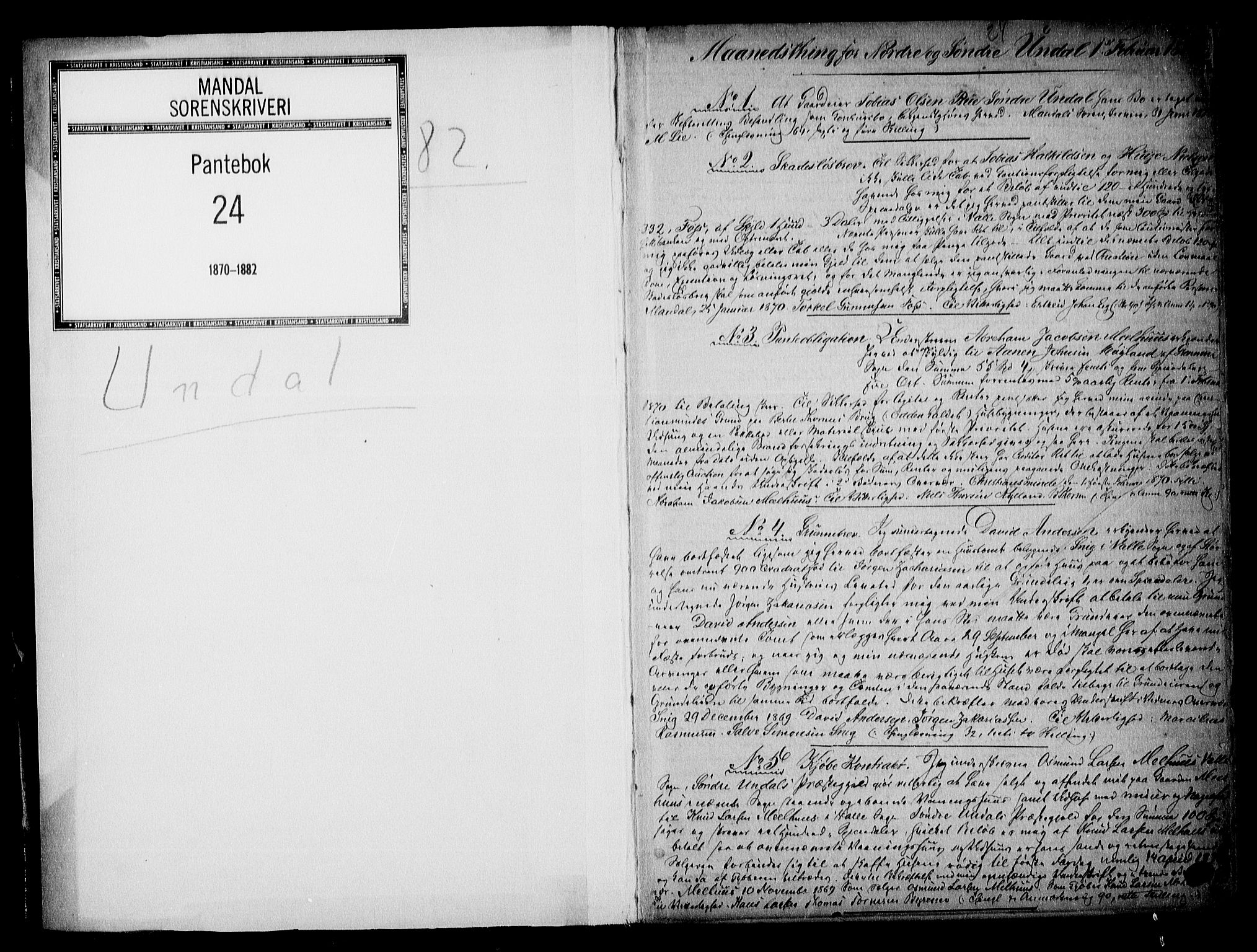 Mandal sorenskriveri, SAK/1221-0005/001/G/Gb/Gba/L0043: Pantebok nr. 24, 1870-1882, s. 1