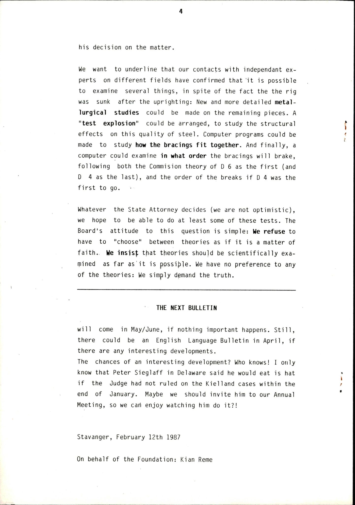 Pa 1660 - Kielland- fondet, AV/SAST-A-102242/X/Xa/L0001: Rapport til overlevende og etterlatte/ Kielland Bulletin, 1980-1998