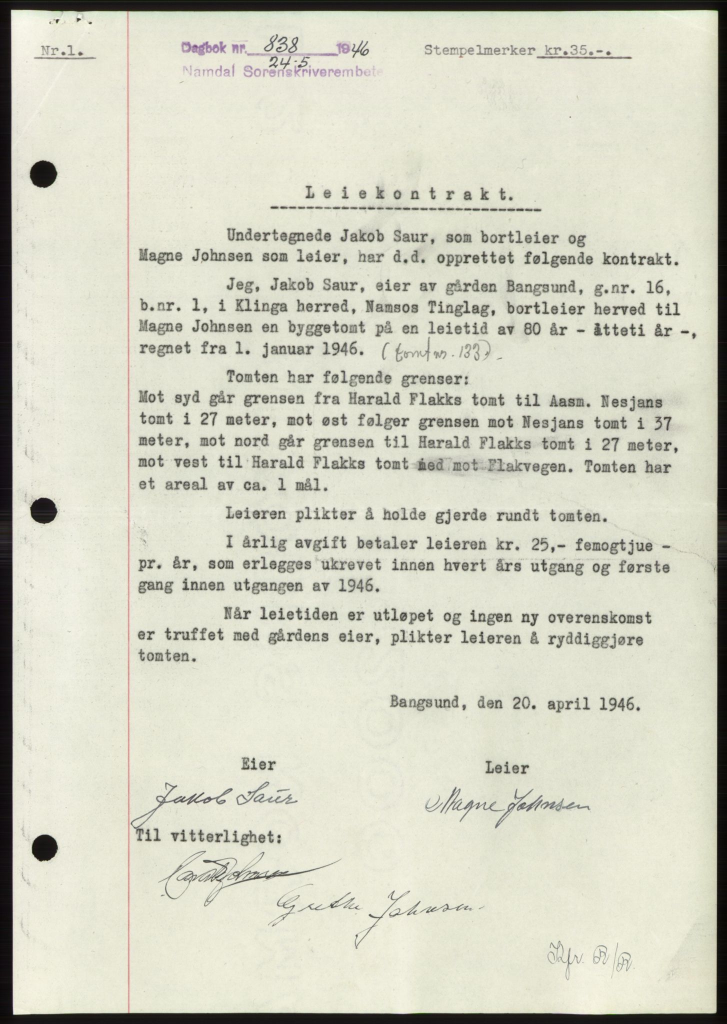 Namdal sorenskriveri, SAT/A-4133/1/2/2C: Pantebok nr. -, 1946-1946, Dagboknr: 838/1946