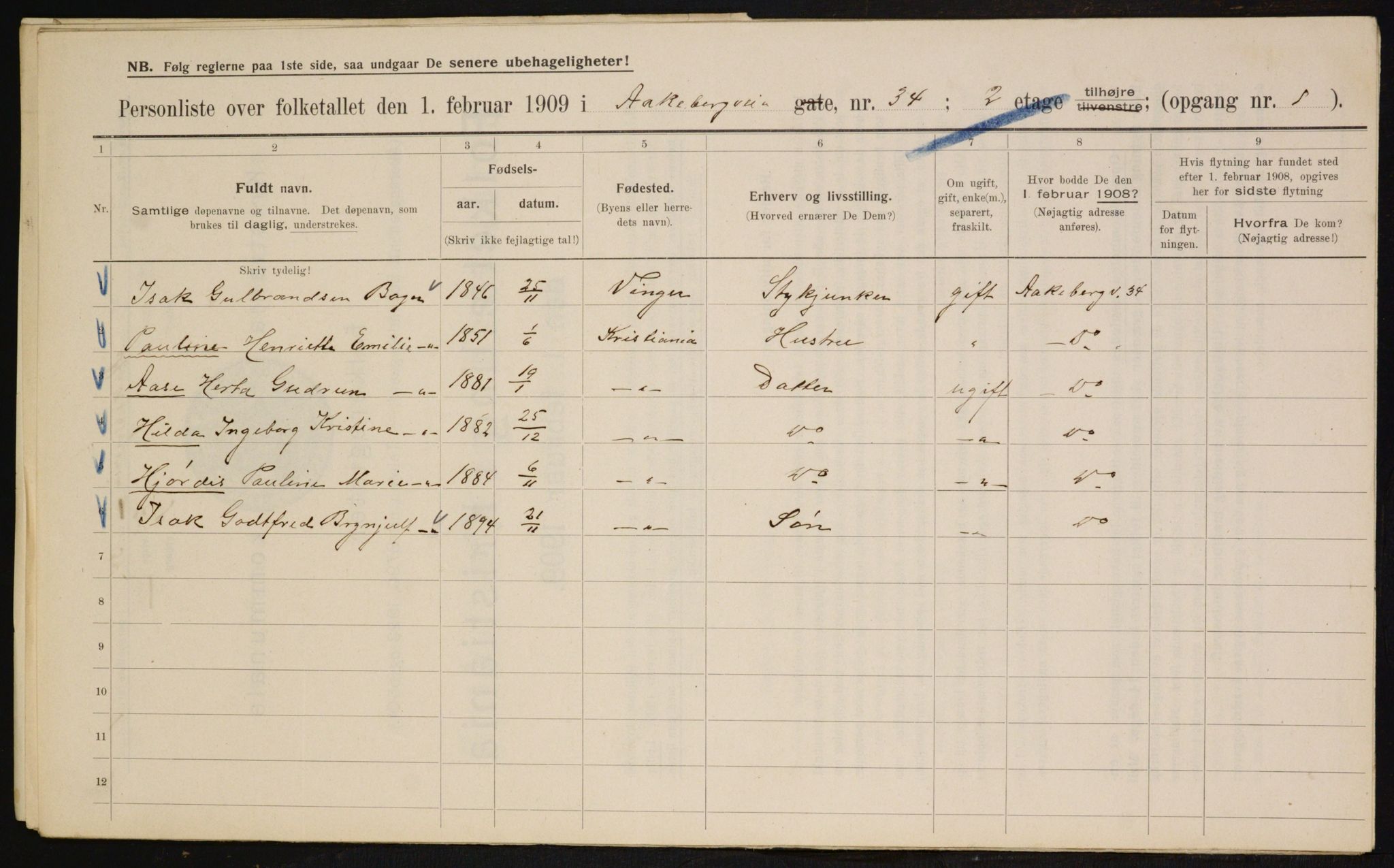 OBA, Kommunal folketelling 1.2.1909 for Kristiania kjøpstad, 1909, s. 118513