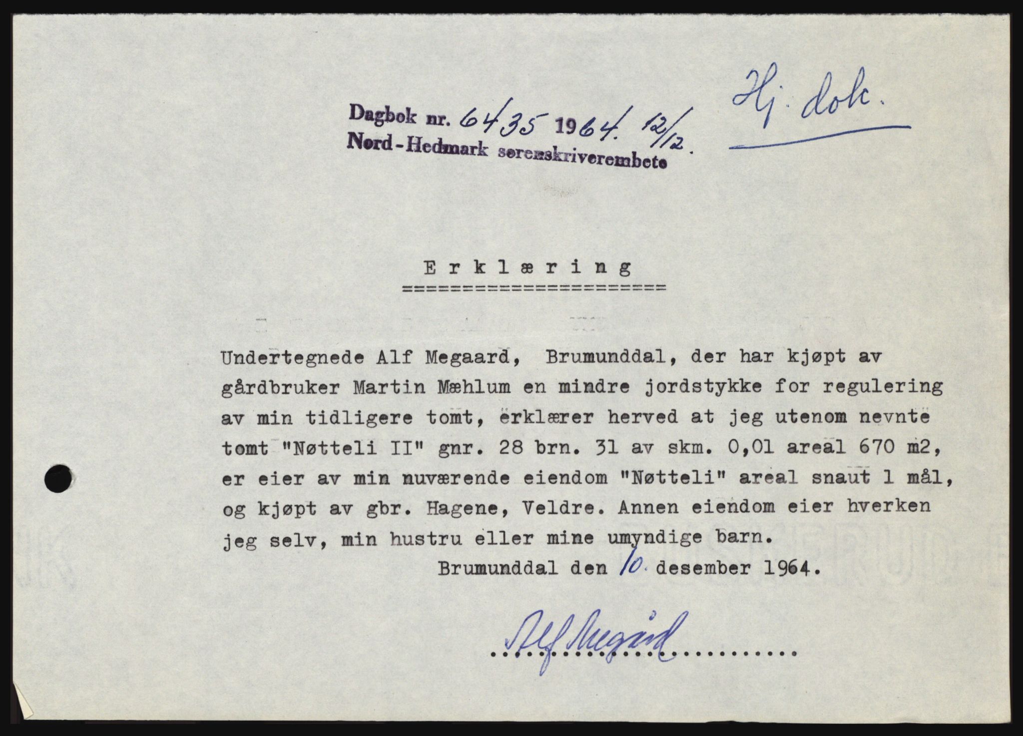 Nord-Hedmark sorenskriveri, SAH/TING-012/H/Hc/L0021: Pantebok nr. 21, 1964-1965, Dagboknr: 6435/1964