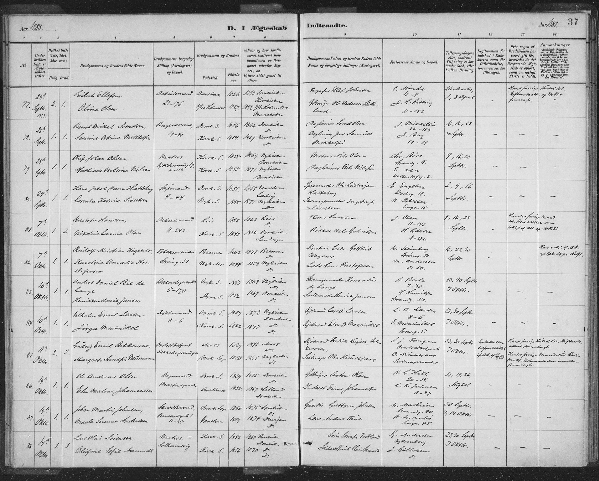 Domkirken sokneprestembete, AV/SAB-A-74801/H/Hab/L0032: Klokkerbok nr. D 4, 1880-1907, s. 37