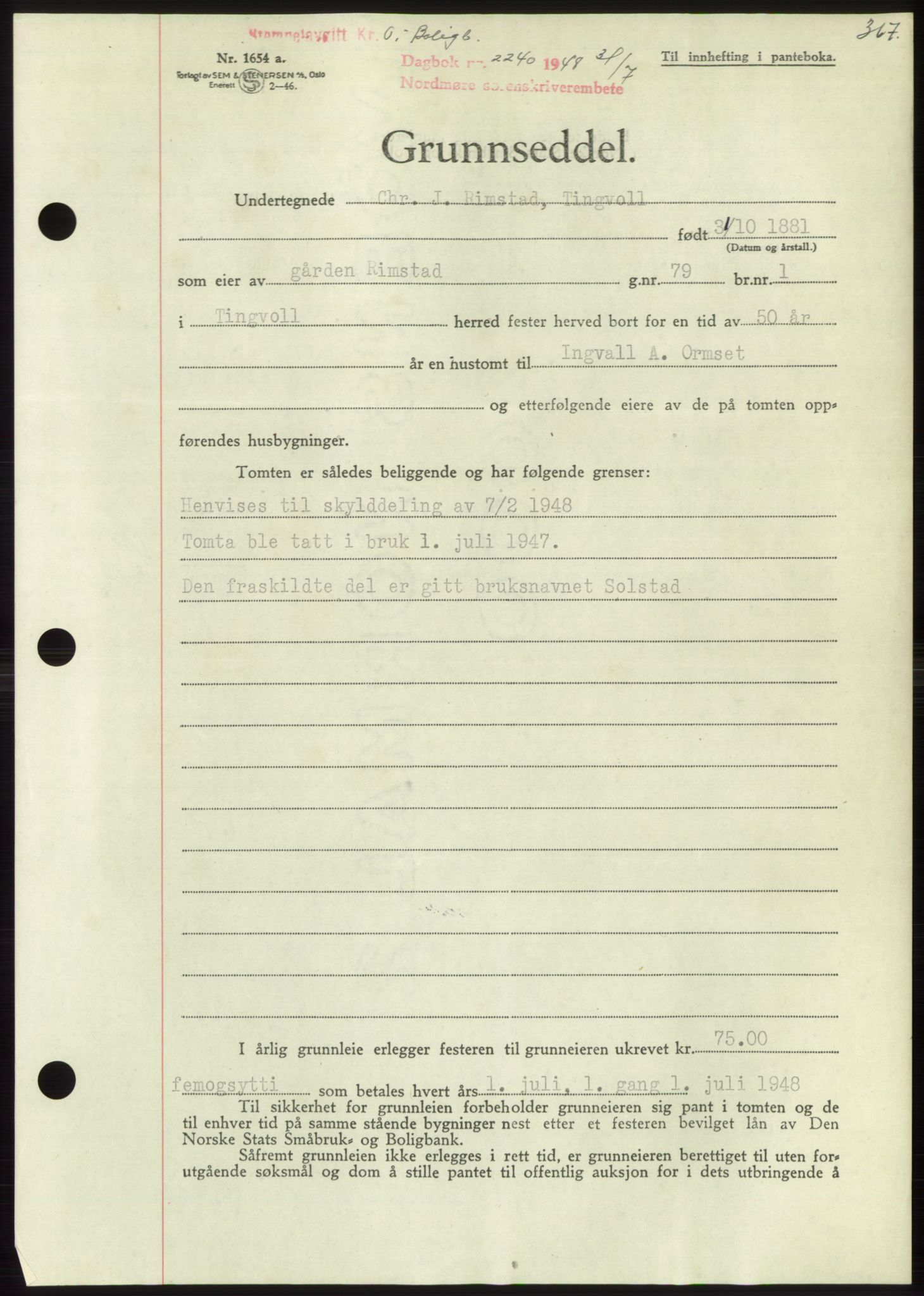 Nordmøre sorenskriveri, AV/SAT-A-4132/1/2/2Ca: Pantebok nr. B99, 1948-1948, Dagboknr: 2240/1948