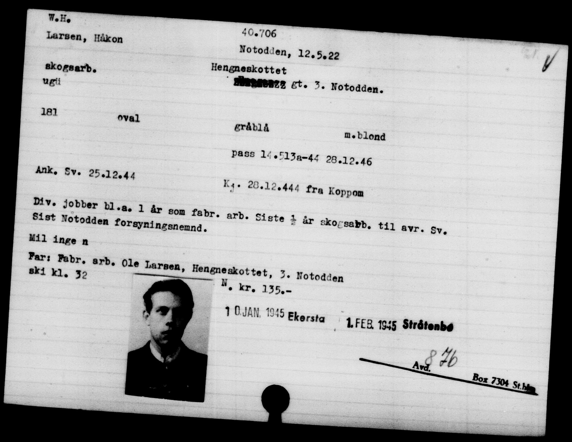 Utenriksstasjonene, Legasjonen i Stockholm, Flyktningkontoret, AV/RA-S-6753/V/Va/L0015: Kjesäterkartoteket, flyktninger med registreringsnr. 37800-40770, 1940-1945, s. 3015