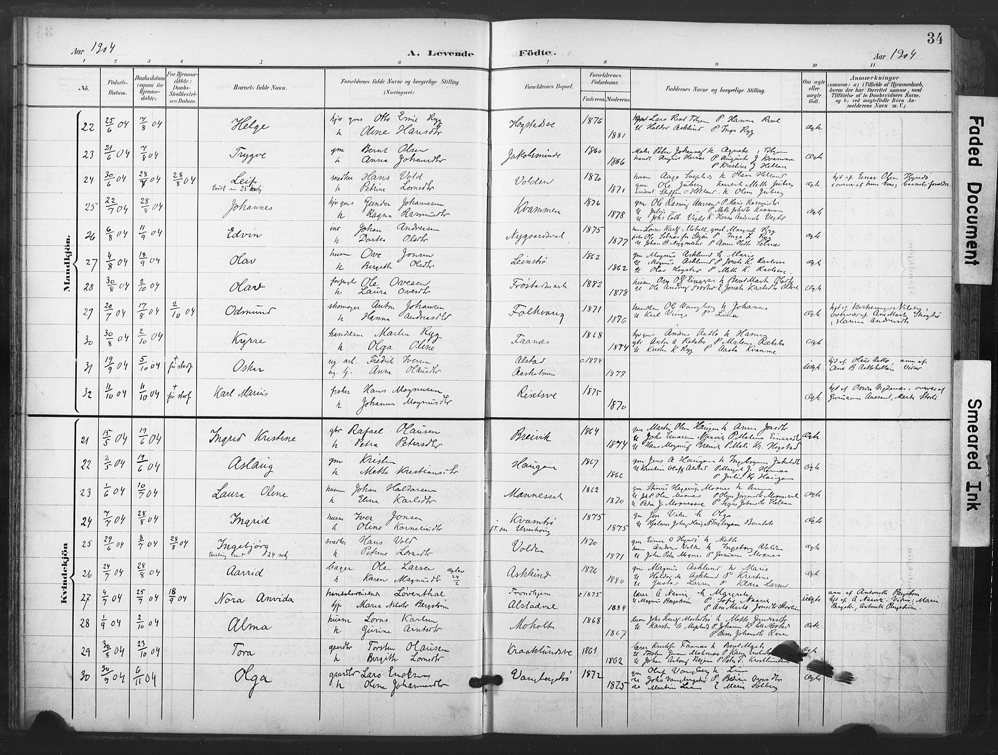 Ministerialprotokoller, klokkerbøker og fødselsregistre - Nord-Trøndelag, AV/SAT-A-1458/713/L0122: Ministerialbok nr. 713A11, 1899-1910, s. 34