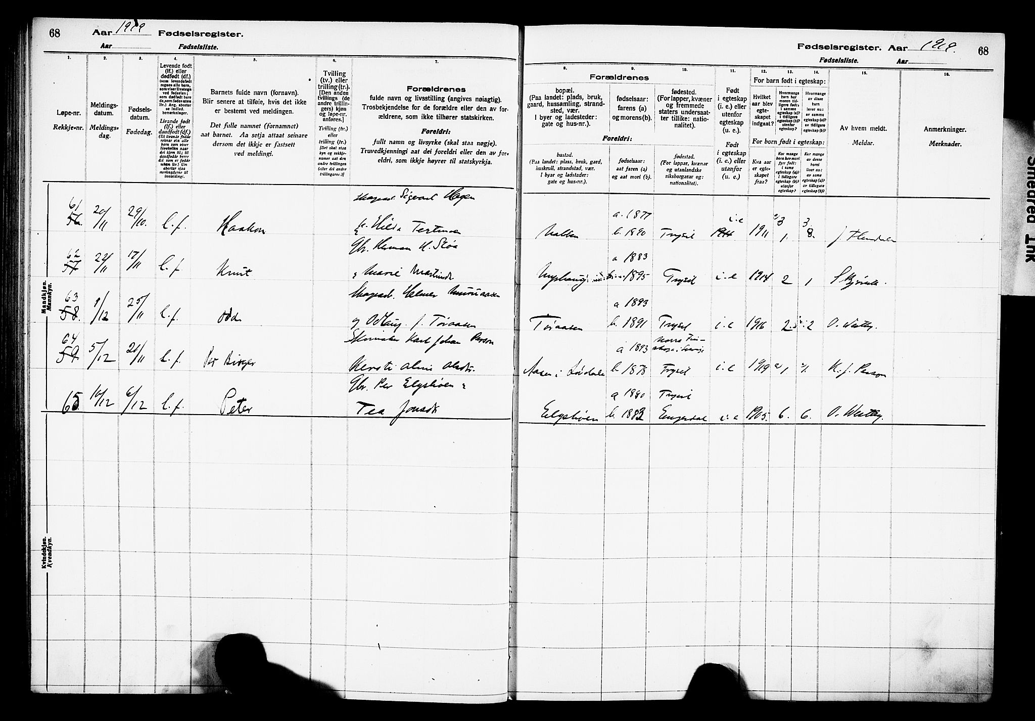 Trysil prestekontor, AV/SAH-PREST-046/I/Id/Ida/L0001: Fødselsregister nr. I 1, 1916-1927, s. 68