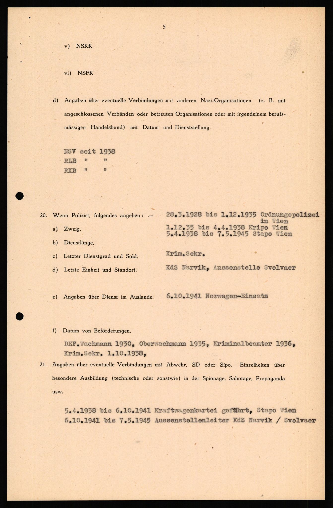 Forsvaret, Forsvarets overkommando II, RA/RAFA-3915/D/Db/L0040: CI Questionaires. Tyske okkupasjonsstyrker i Norge. Østerrikere., 1945-1946, s. 327