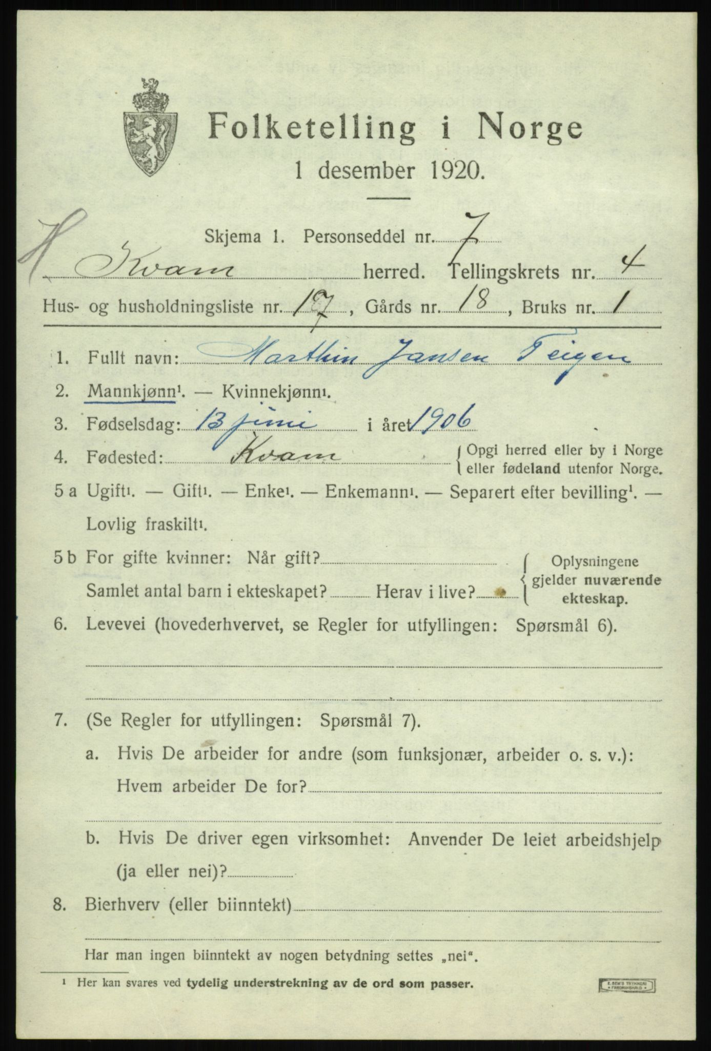 SAB, Folketelling 1920 for 1238 Kvam herred, 1920, s. 3447