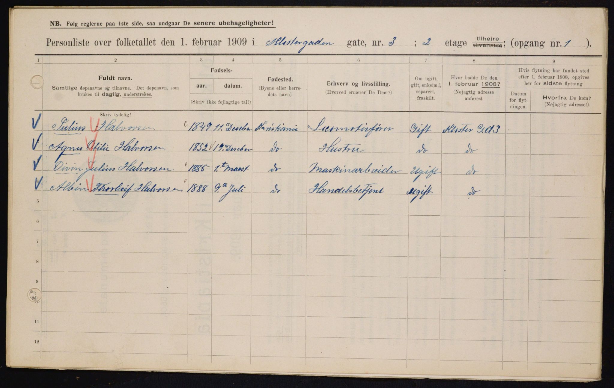 OBA, Kommunal folketelling 1.2.1909 for Kristiania kjøpstad, 1909, s. 47787