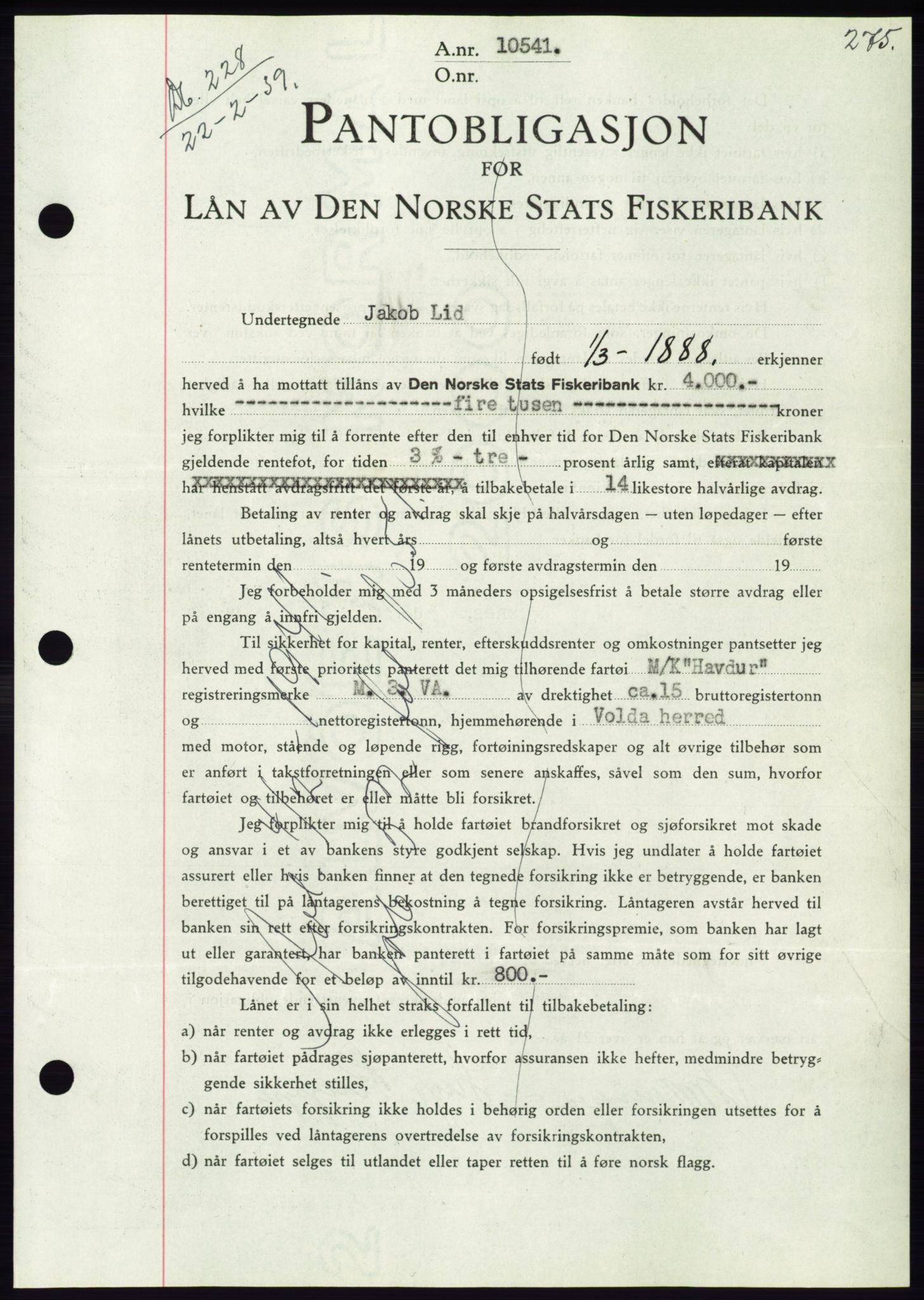 Søre Sunnmøre sorenskriveri, AV/SAT-A-4122/1/2/2C/L0067: Pantebok nr. 61, 1938-1939, Dagboknr: 228/1939