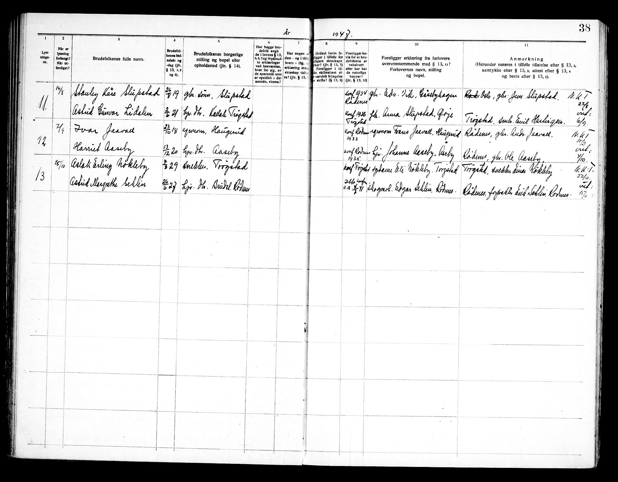 Rødenes prestekontor Kirkebøker, AV/SAO-A-2005/H/Ha/L0001: Lysningsprotokoll nr. 1, 1919-1969, s. 38