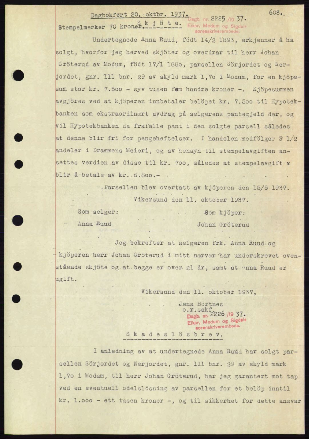 Eiker, Modum og Sigdal sorenskriveri, SAKO/A-123/G/Ga/Gab/L0036: Pantebok nr. A6, 1937-1937, Dagboknr: 2225/1937