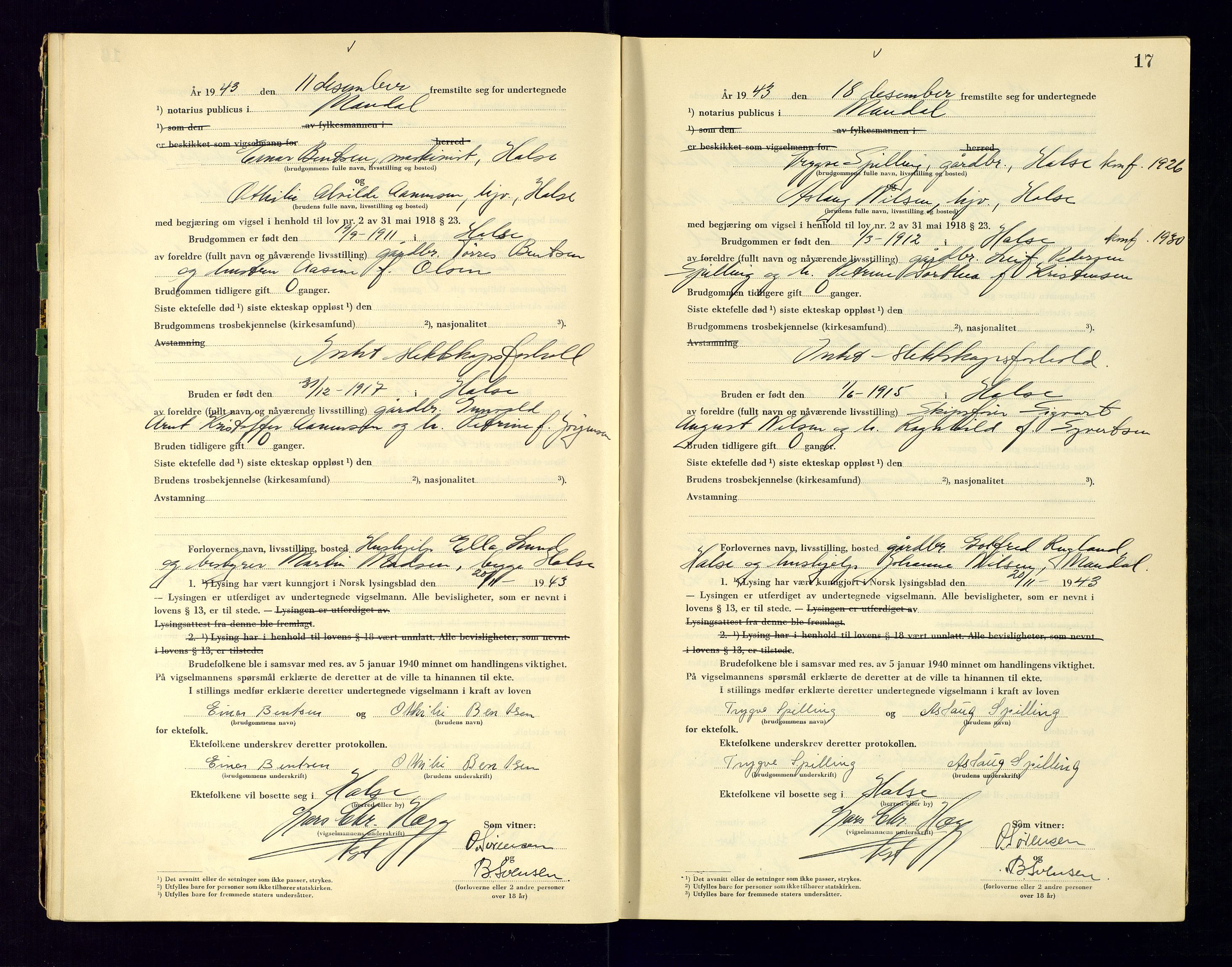 Mandal sorenskriveri, SAK/1221-0005/001/L/Ld/L0002: Vigselbok nr 2, 1943-1945, s. 17