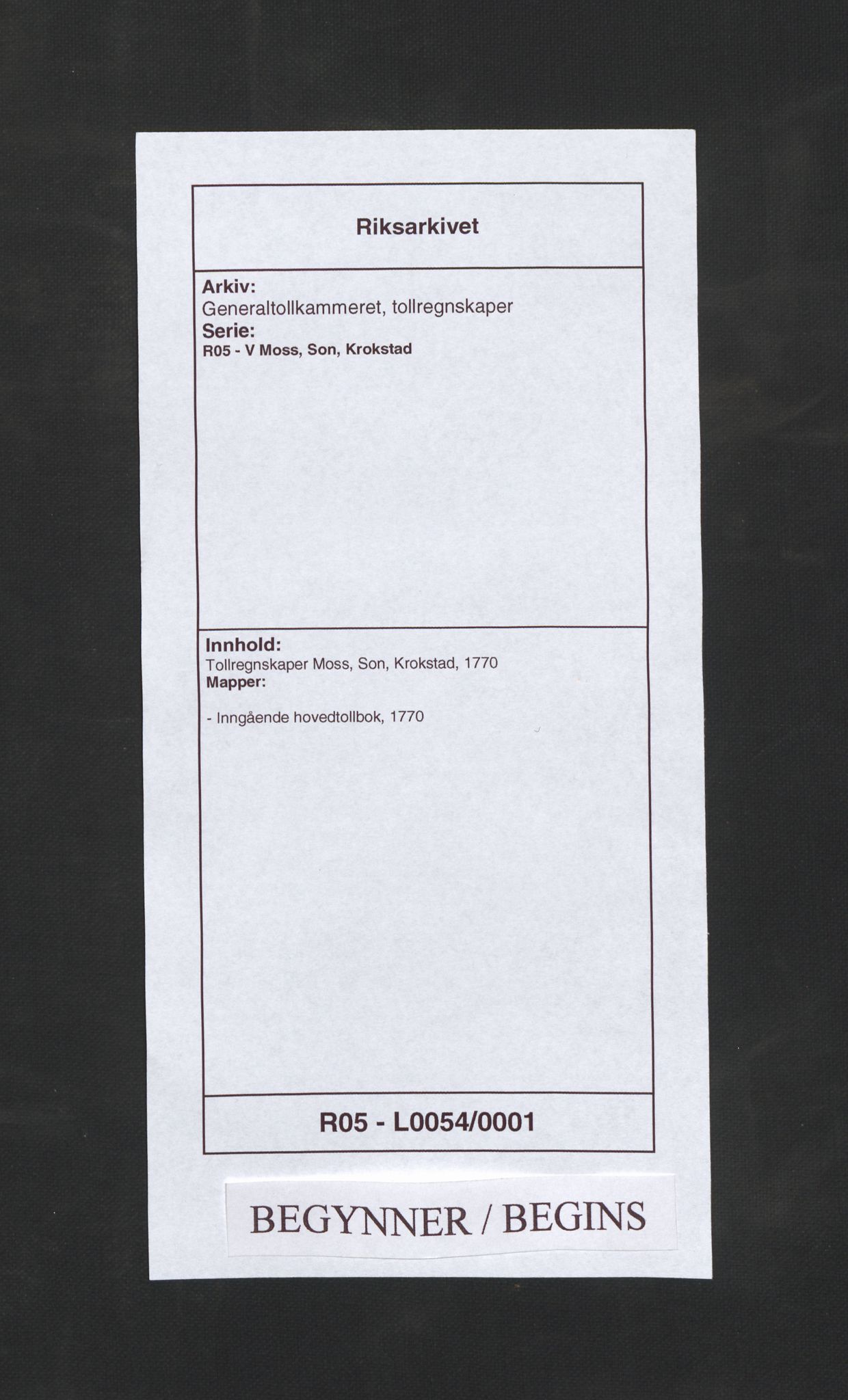 Generaltollkammeret, tollregnskaper, RA/EA-5490/R05/L0054/0001: Tollregnskaper Moss, Son, Krokstad / Inngående hovedtollbok, 1770