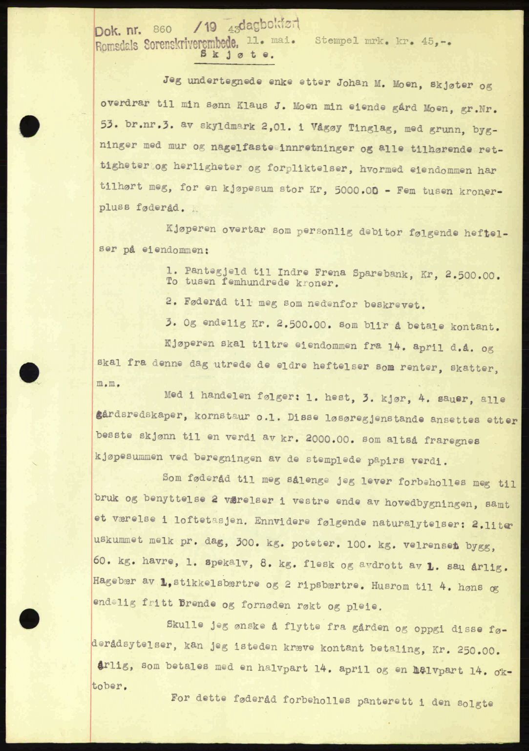 Romsdal sorenskriveri, SAT/A-4149/1/2/2C: Pantebok nr. A14, 1943-1943, Dagboknr: 860/1943