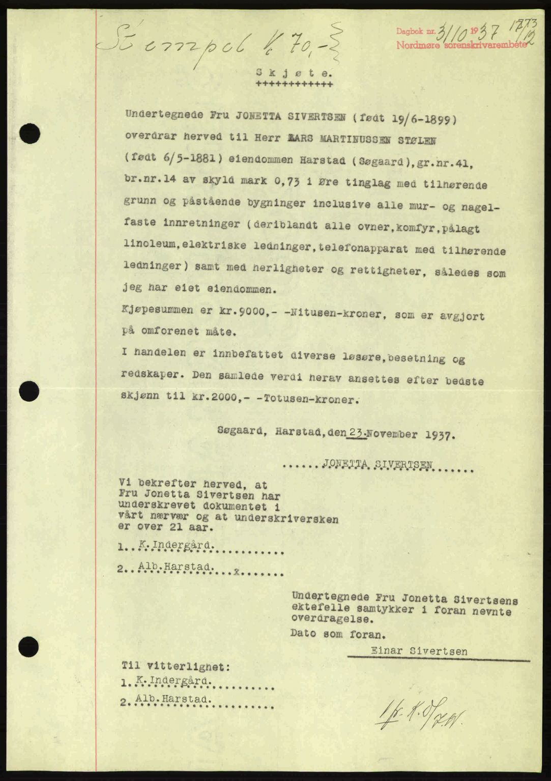 Nordmøre sorenskriveri, SAT/A-4132/1/2/2Ca: Pantebok nr. A82, 1937-1938, Dagboknr: 3110/1937