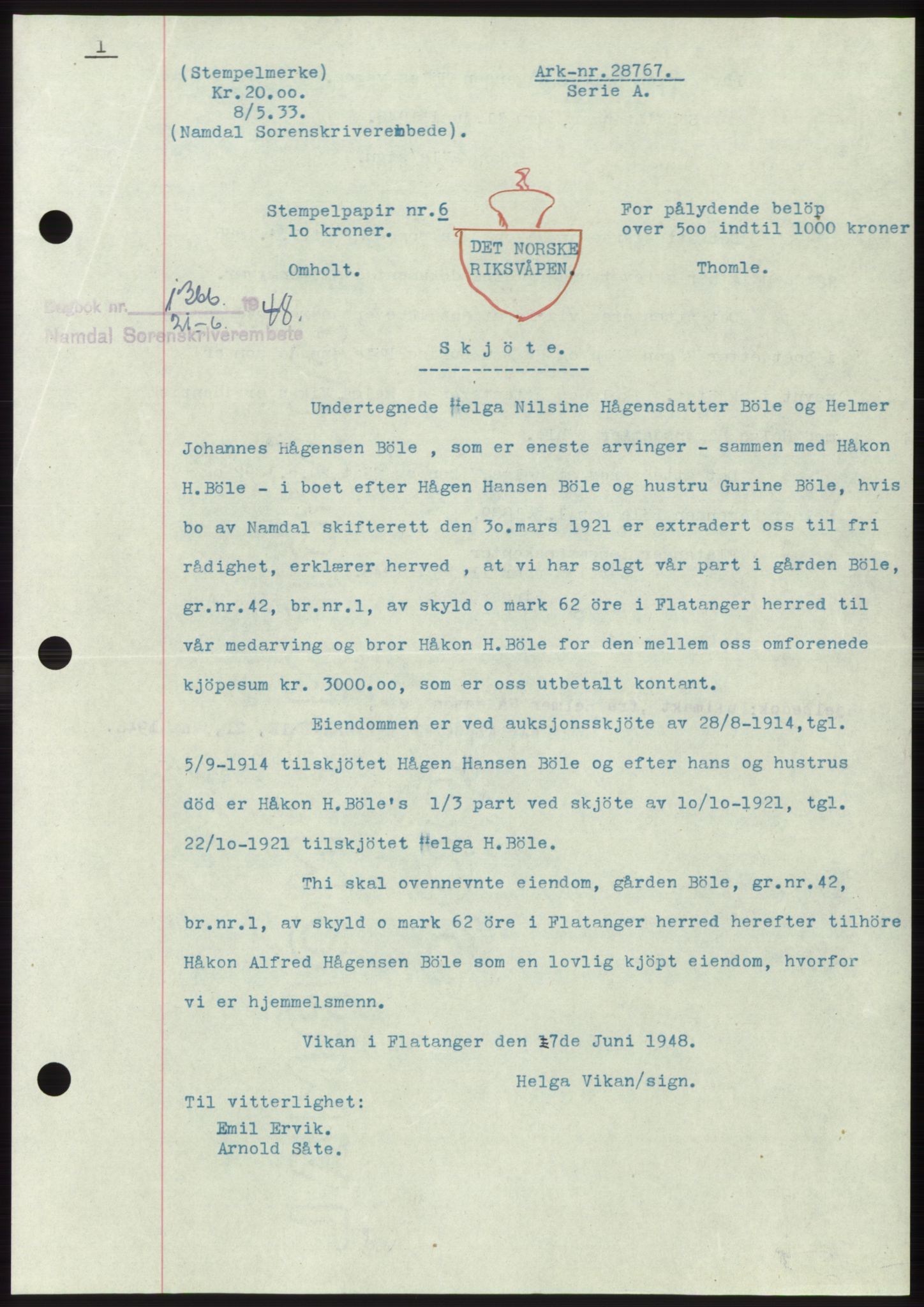 Namdal sorenskriveri, SAT/A-4133/1/2/2C: Pantebok nr. -, 1948-1948, Dagboknr: 1366/1948