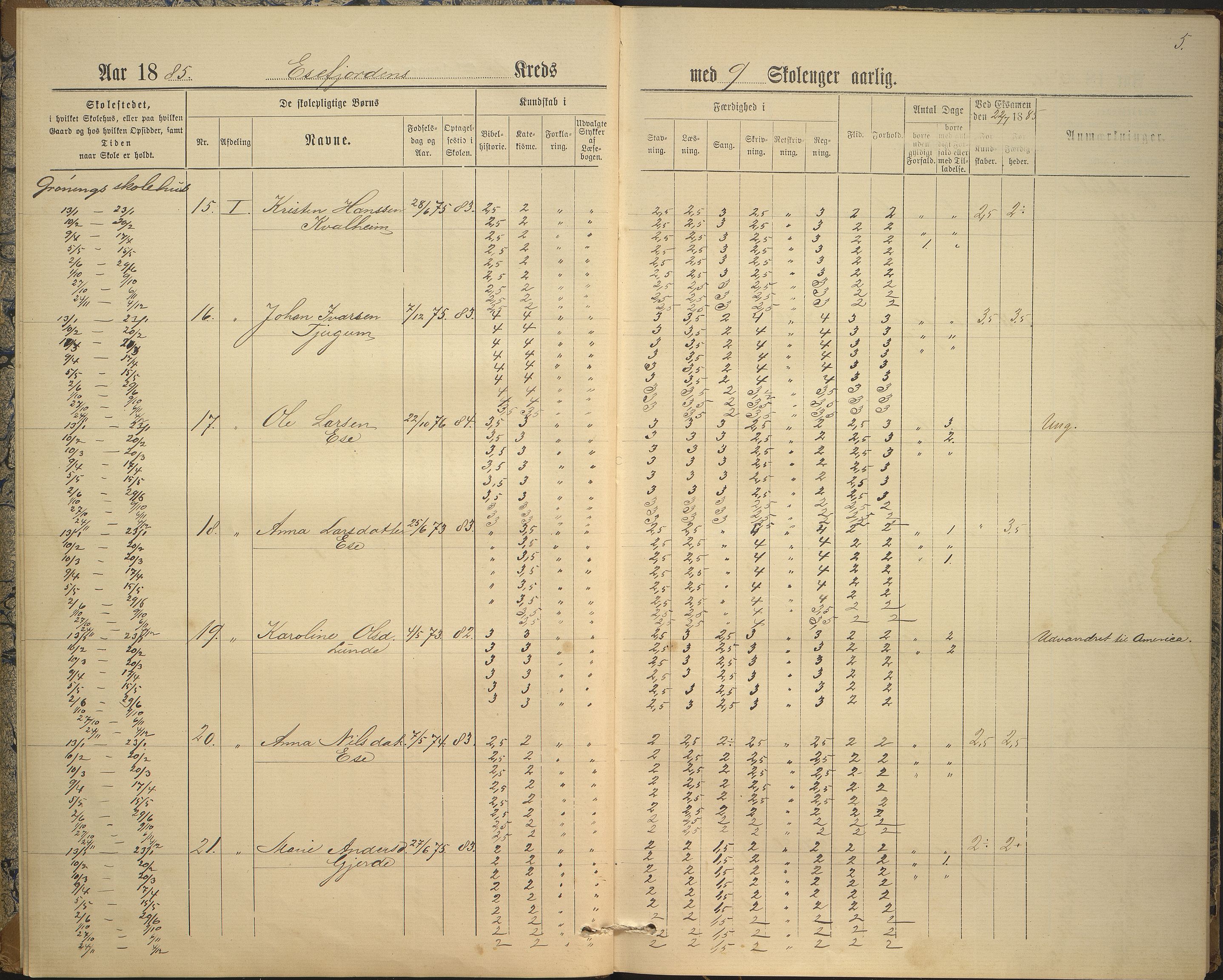 Balestrand kommune. Grøneng skule/Esefjorden skulekrins, VLFK/K-14180.520.07/542/L0001: skuleprotokoll for Esefjorden skulekrins, 1885-1913, s. 5