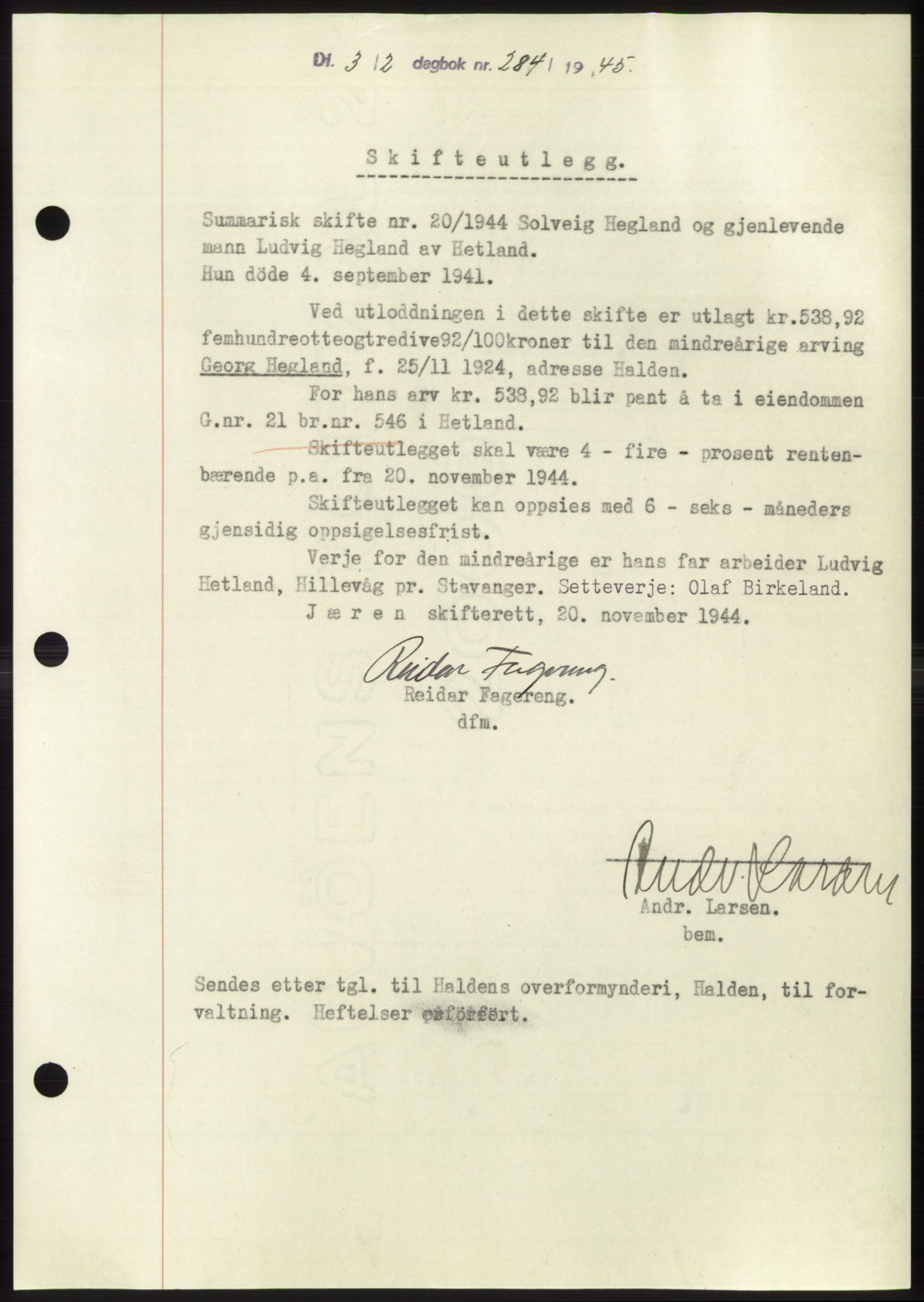 Jæren sorenskriveri, SAST/A-100310/03/G/Gba/L0087: Pantebok, 1944-1945, Dagboknr: 284/1945